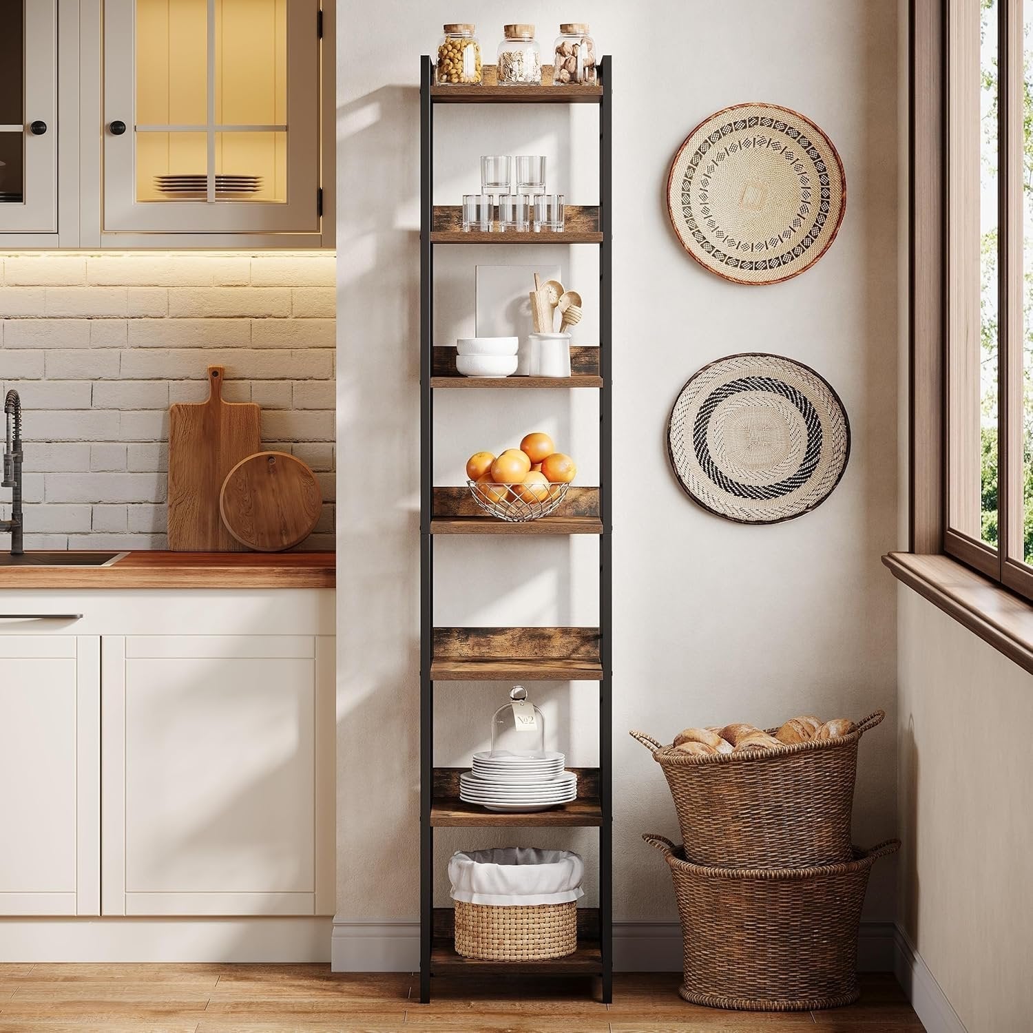 Tribesigns 7-laags extra hoge smalle hoekplank hout met metalen frame voor woonkamer