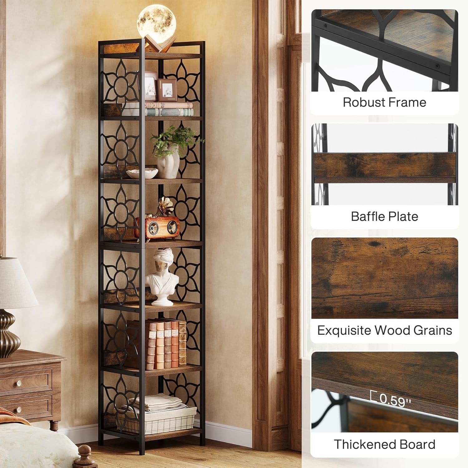 Tribesigns 7-laags extra hoge smalle hoekplank hout met metalen frame voor woonkamer