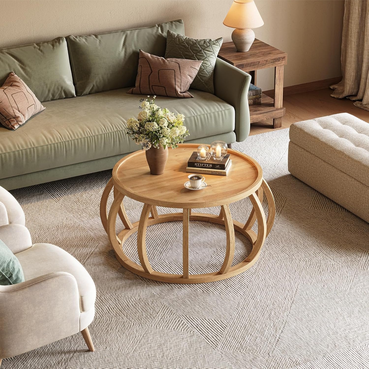 TribeWood Ronde Salontafel, Massief Houten Salontafel 80 cm, Centrale Tafel met Gebogen Voet voor Woonkamer