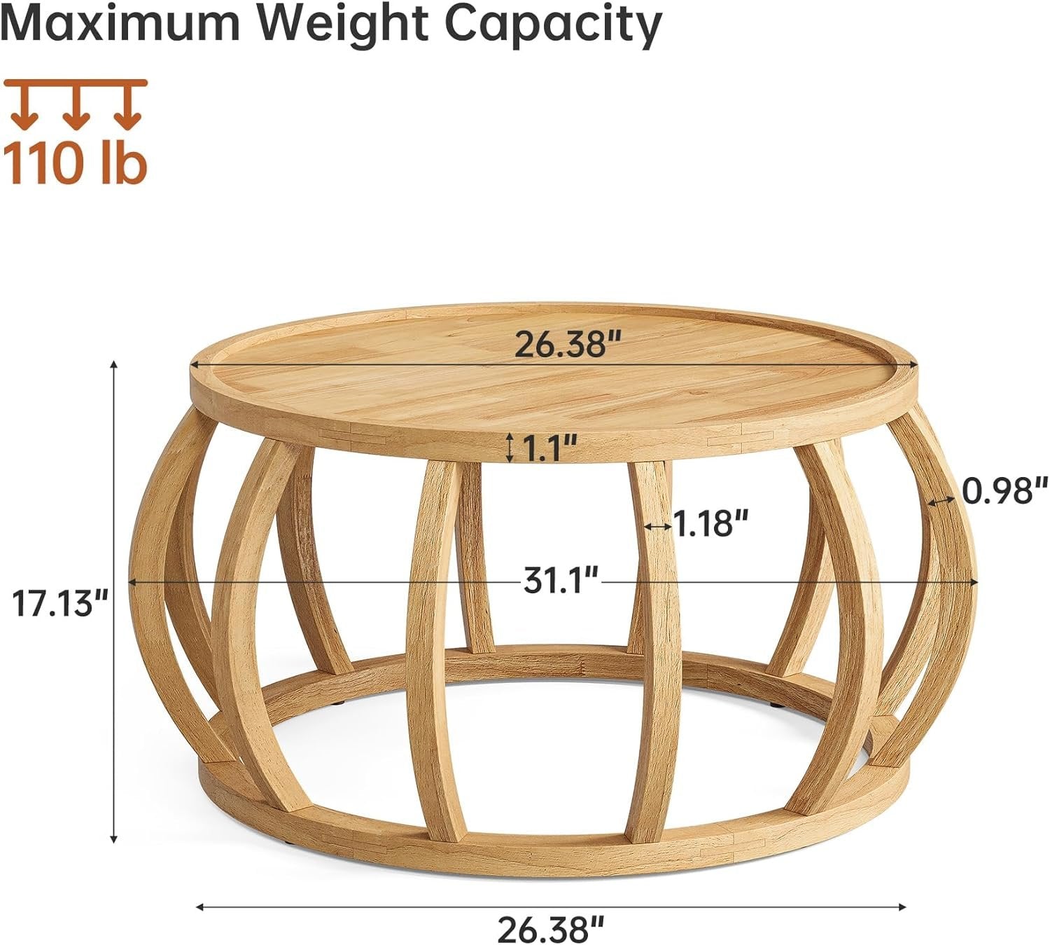 TribeWood Ronde Salontafel, Massief Houten Salontafel 80 cm, Centrale Tafel met Gebogen Voet voor Woonkamer