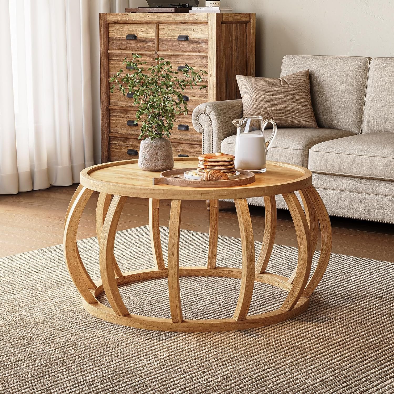 TribeWood Ronde Salontafel, Massief Houten Salontafel 80 cm, Centrale Tafel met Gebogen Voet voor Woonkamer