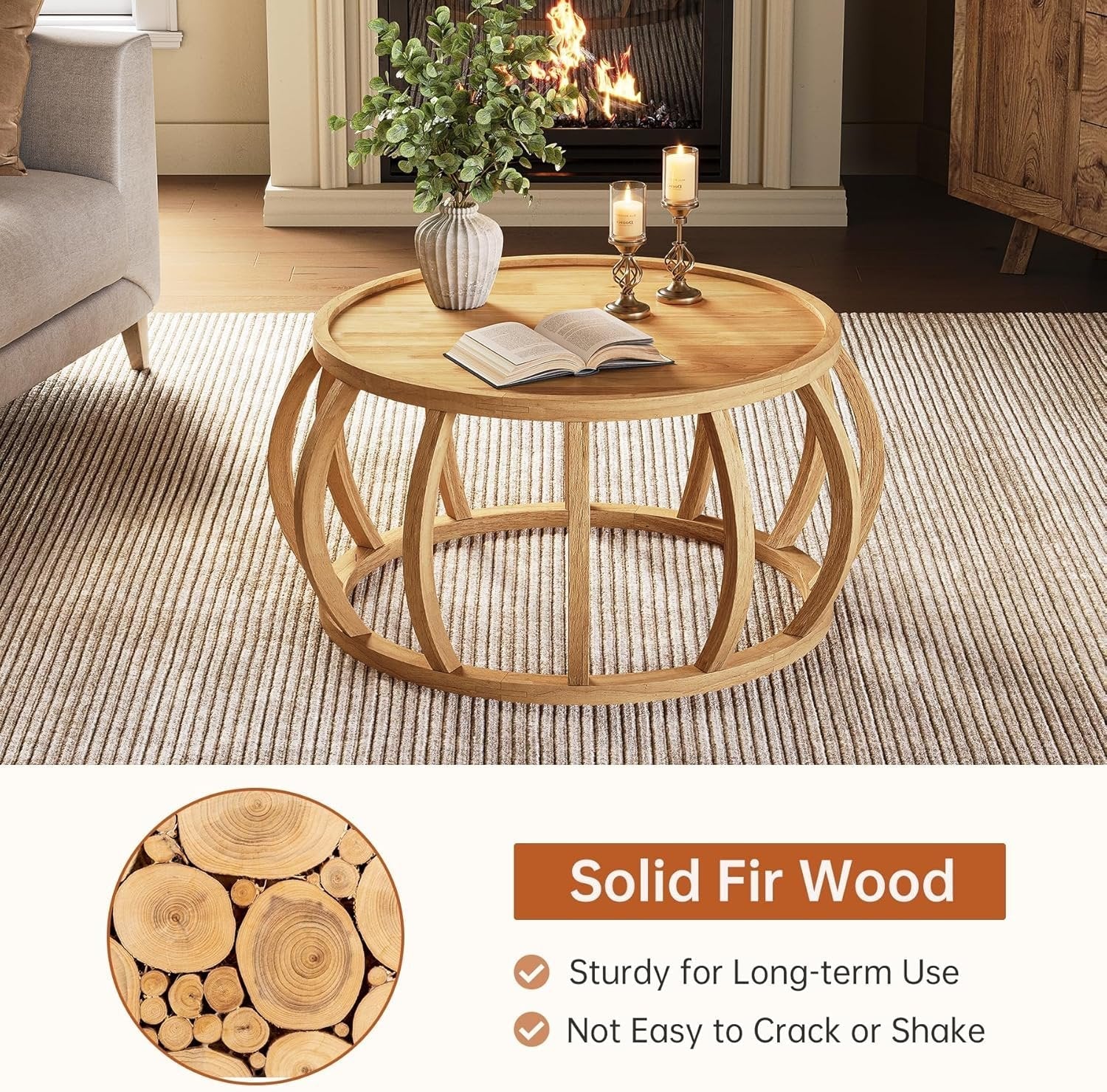 TribeWood Ronde Salontafel, Massief Houten Salontafel 80 cm, Centrale Tafel met Gebogen Voet voor Woonkamer