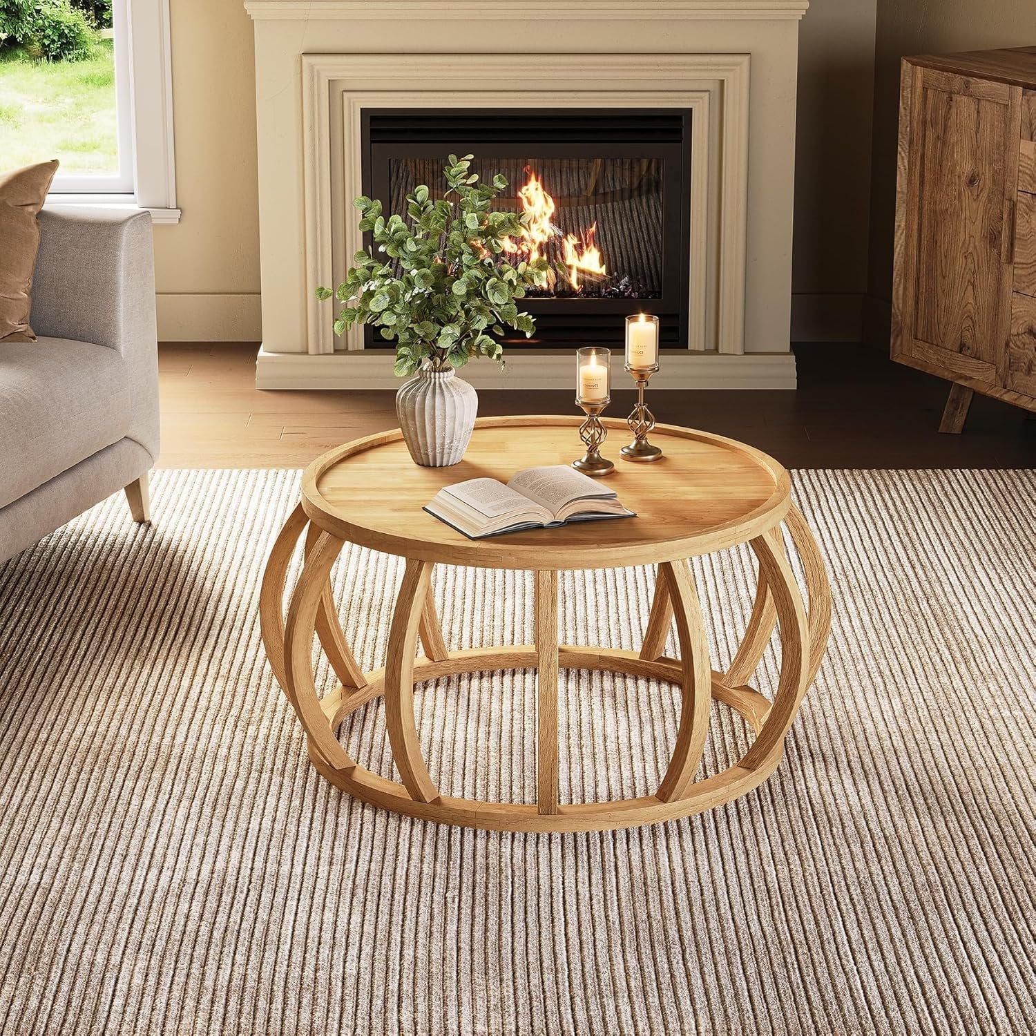 TribeWood Ronde Salontafel, Massief Houten Salontafel 80 cm, Centrale Tafel met Gebogen Voet voor Woonkamer