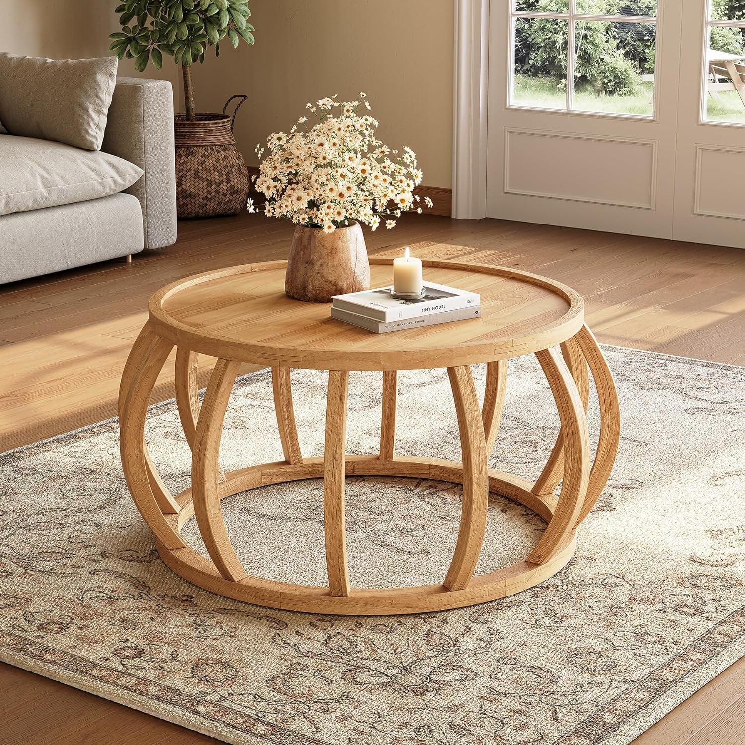 TribeWood Ronde Salontafel, Massief Houten Salontafel 80 cm, Centrale Tafel met Gebogen Voet voor Woonkamer