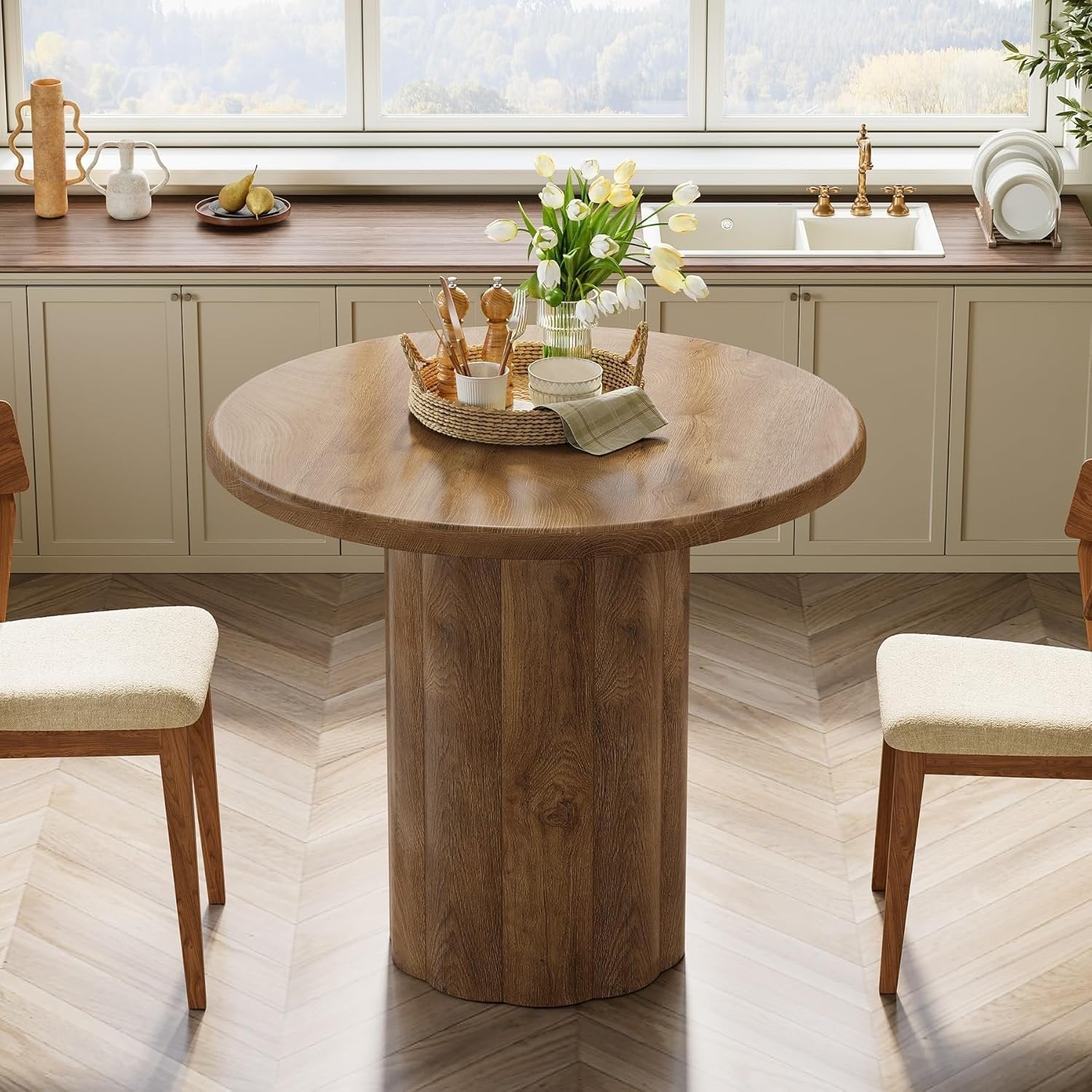Tribesigns 80 cm ronde eettafel voor 2-4 personen, keukentafel met stabiele voet in bruin