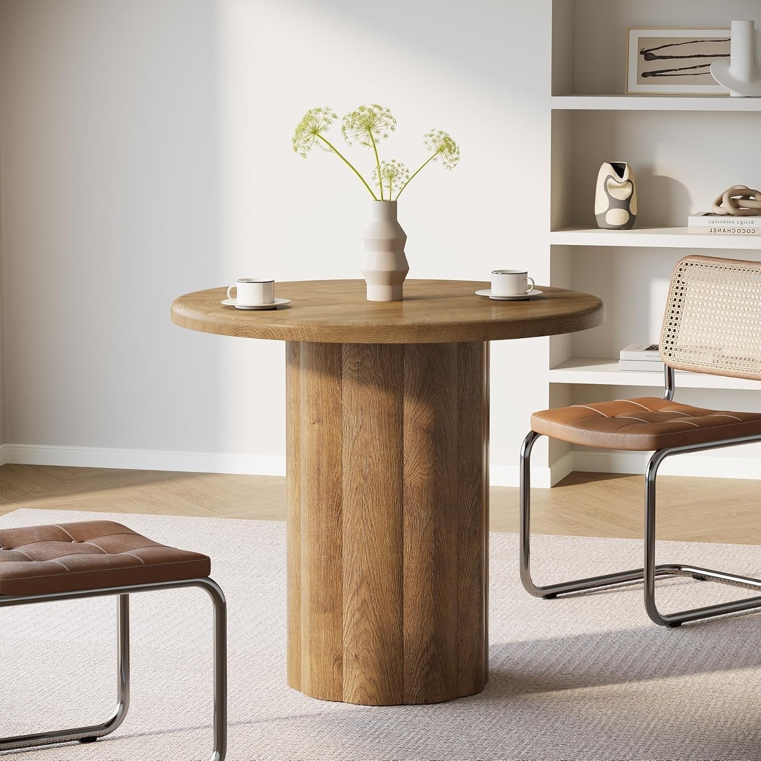 Tribesigns Ronde Vergadertafel 80 cm voor 4 Personen, Bureaublad met Stabiele Basis in Bruin