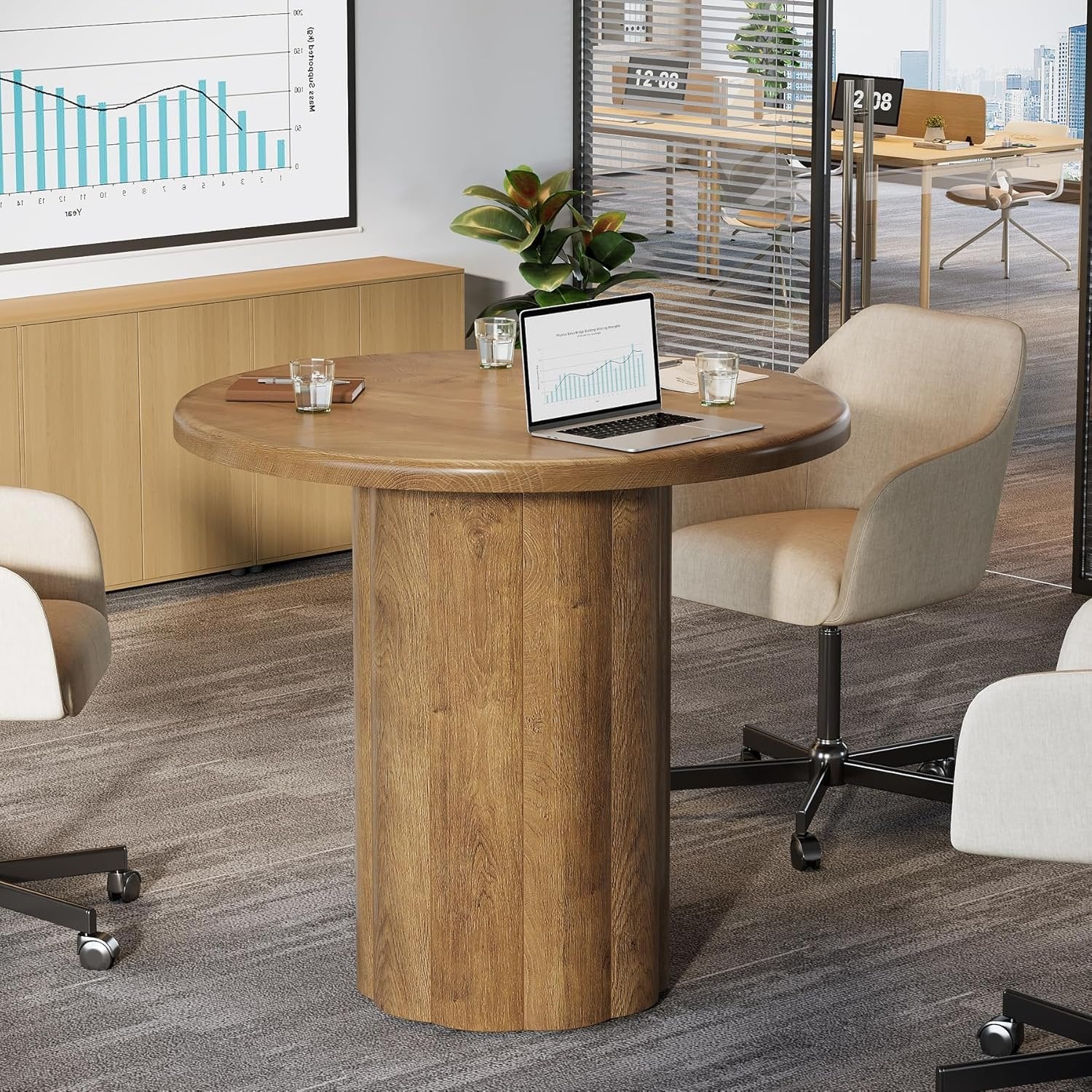 Tribesigns Ronde Vergadertafel 80 cm voor 4 Personen, Bureaublad met Stabiele Basis in Bruin