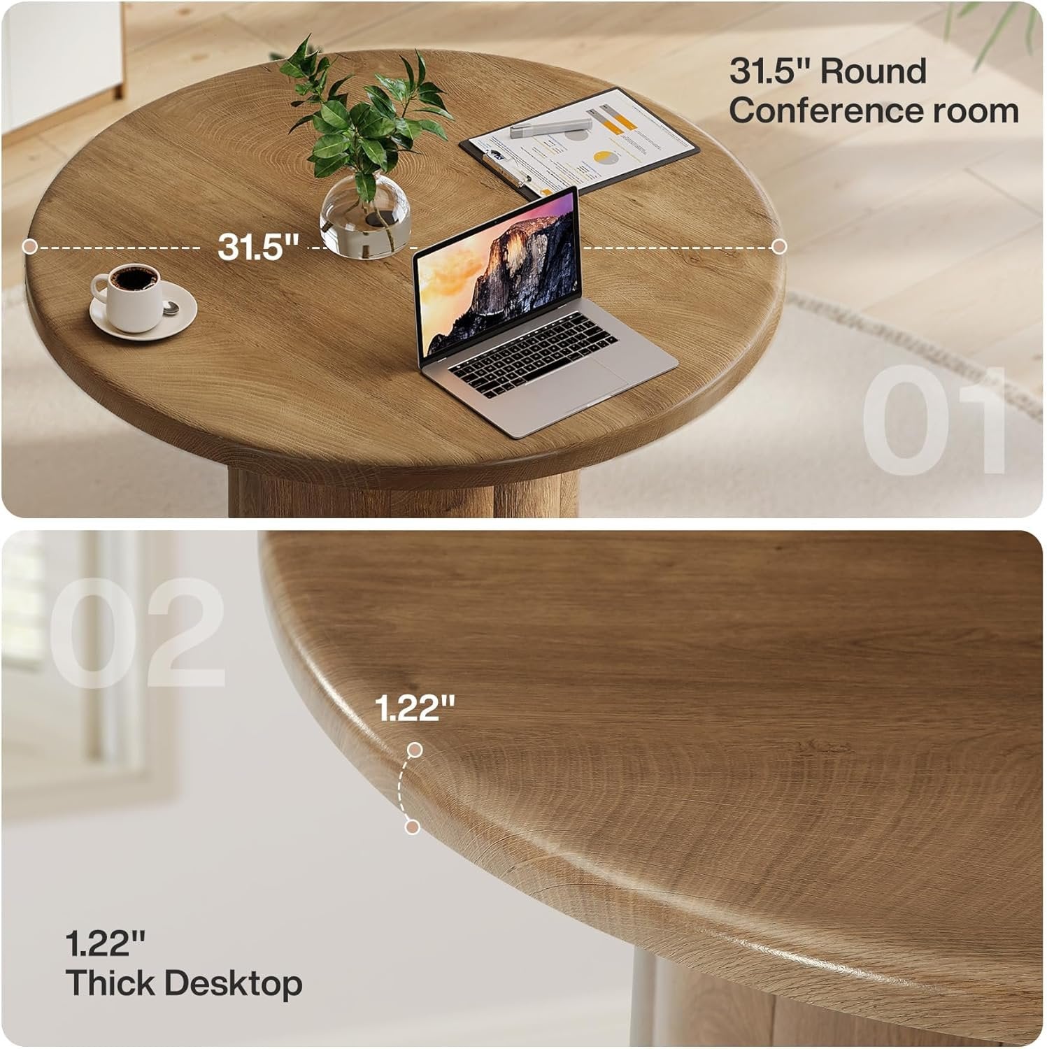Tribesigns Ronde Vergadertafel 80 cm voor 4 Personen, Bureaublad met Stabiele Basis in Bruin