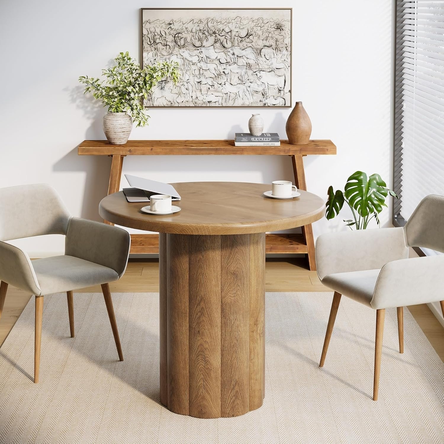 Tribesigns Ronde Vergadertafel 80 cm voor 4 Personen, Bureaublad met Stabiele Basis in Bruin