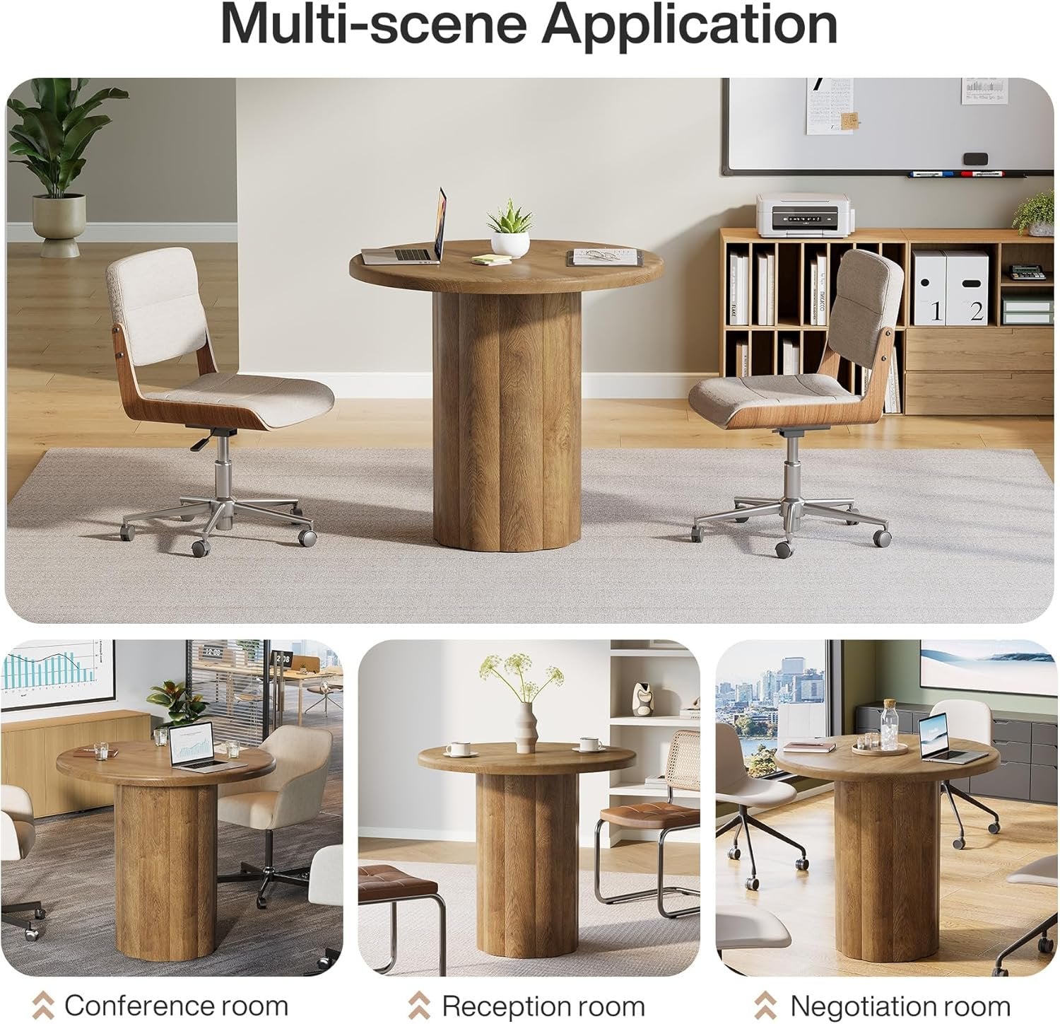 Tribesigns Ronde Vergadertafel 80 cm voor 4 Personen, Bureaublad met Stabiele Basis in Bruin