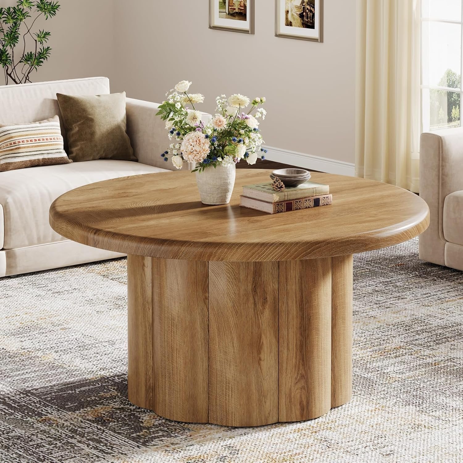 Tribesigns Ronde Salontafel 80 cm, Woonkamertafel in landelijke stijl met gegroefde basis in bruin