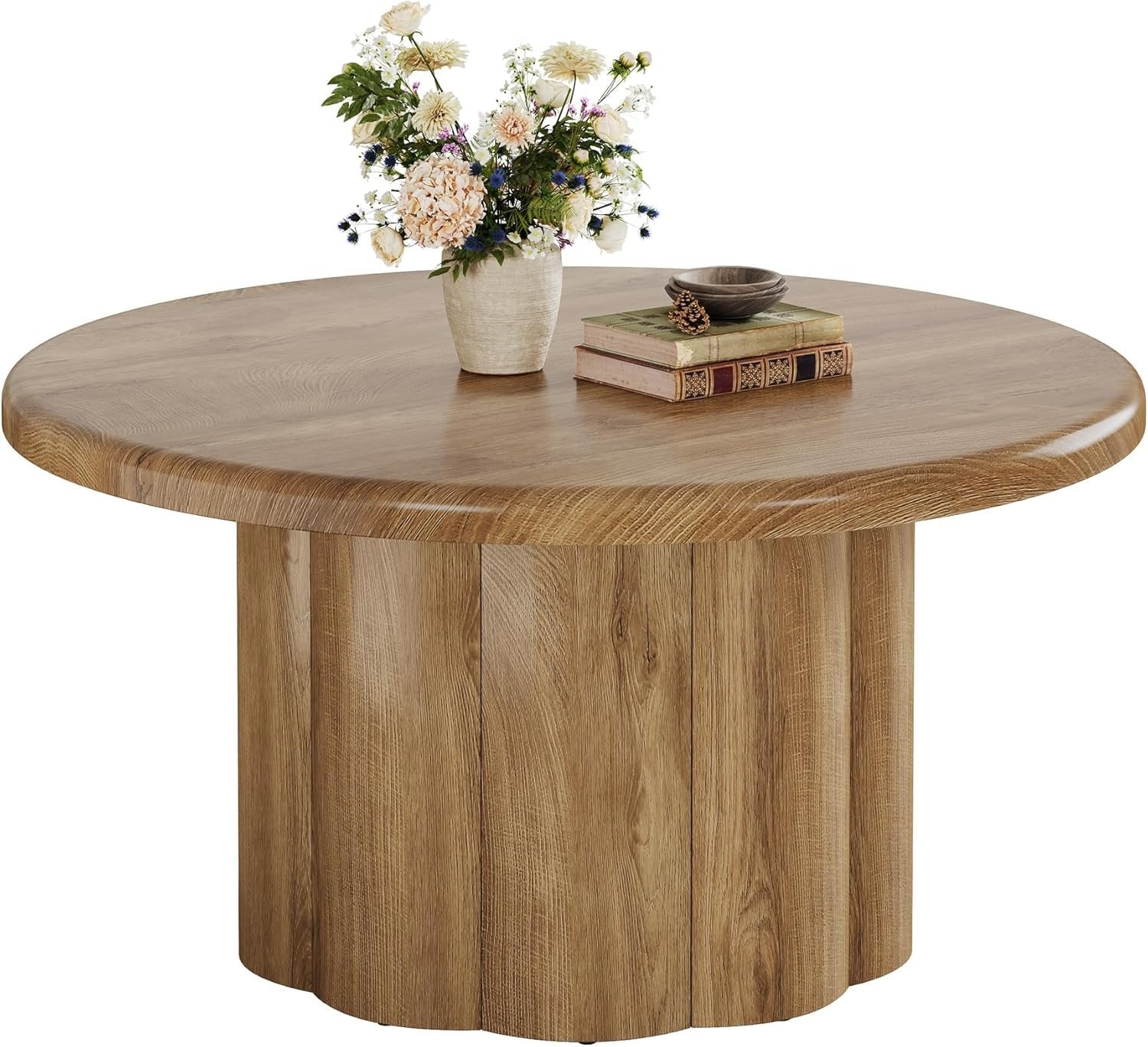 Tribesigns Ronde Salontafel 80 cm, Woonkamertafel in landelijke stijl met gegroefde basis in bruin