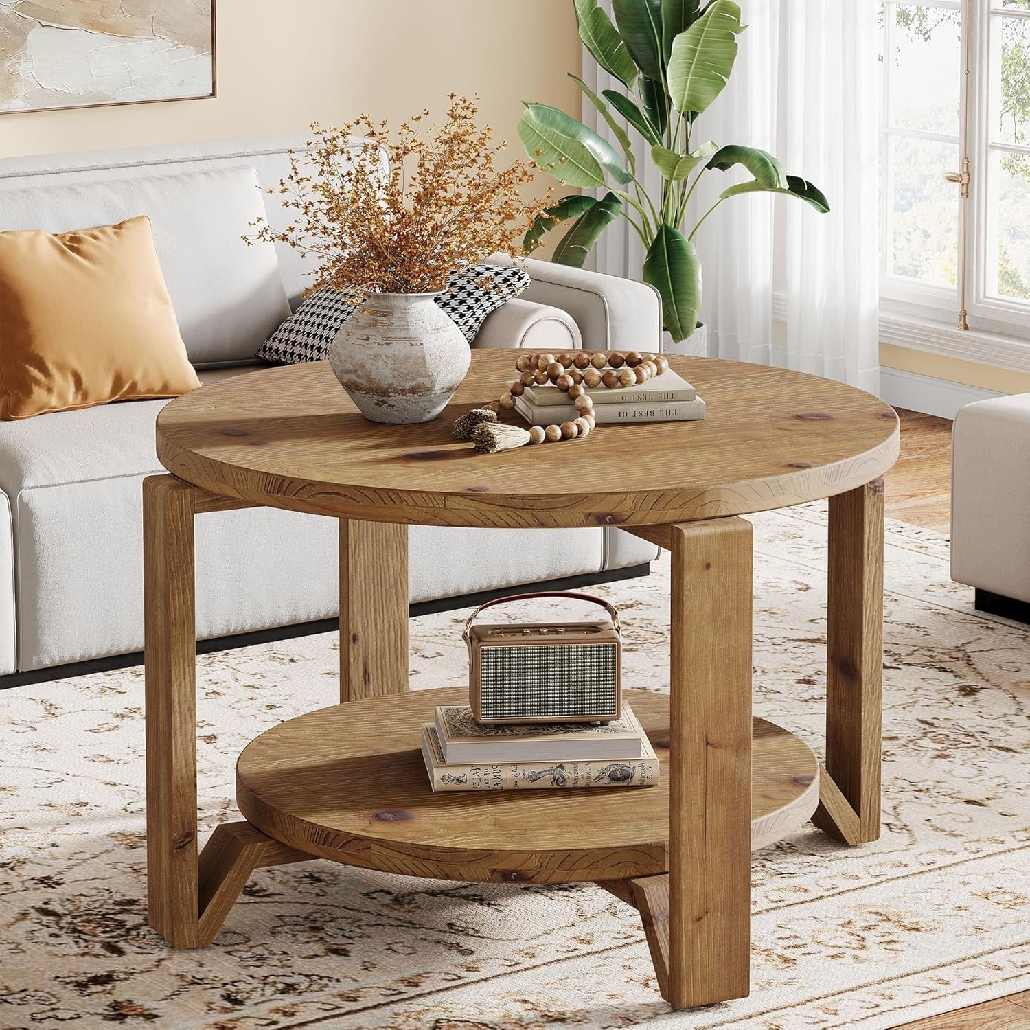 Tribesigns Table basse ronde en bois massif 80 cm 2 niveaux