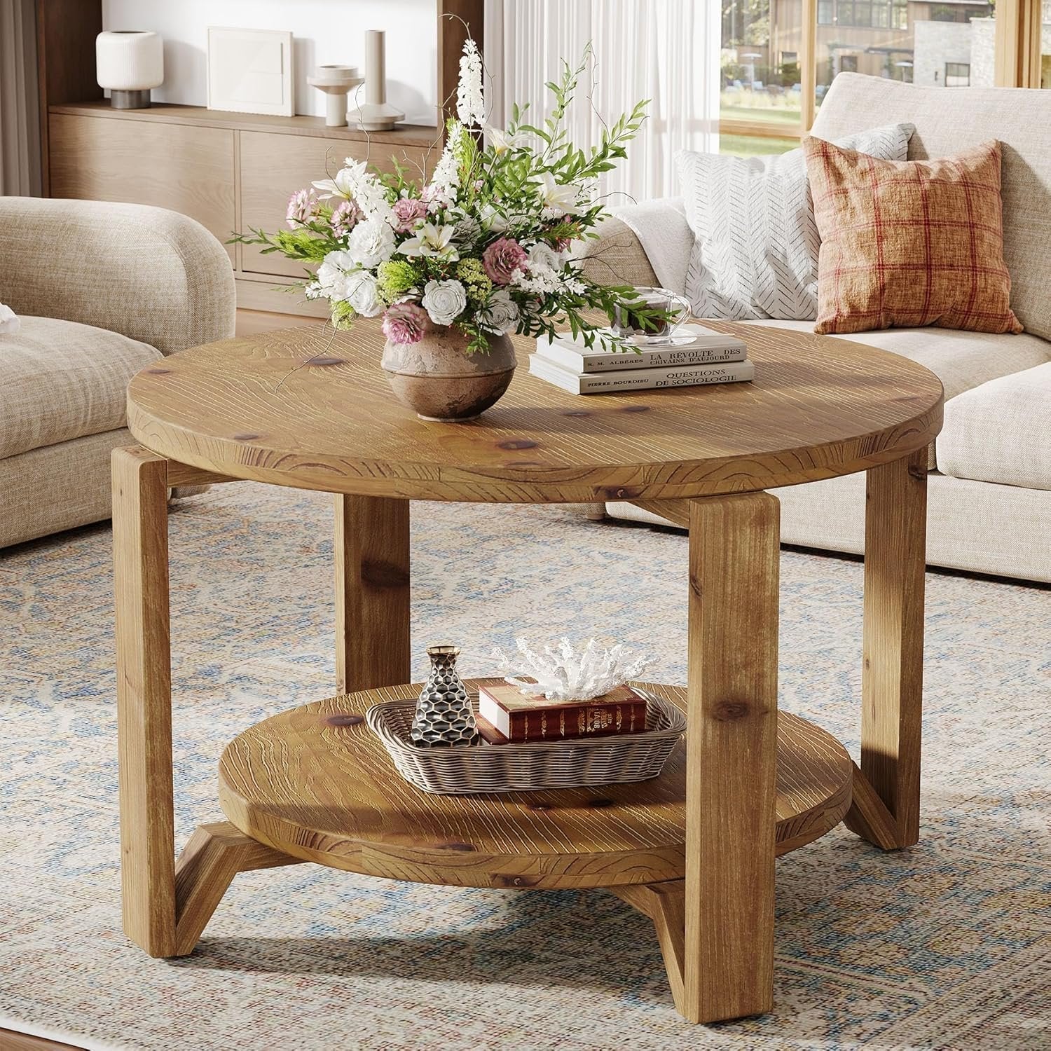 Tribesigns Table basse ronde en bois massif 80 cm 2 niveaux
