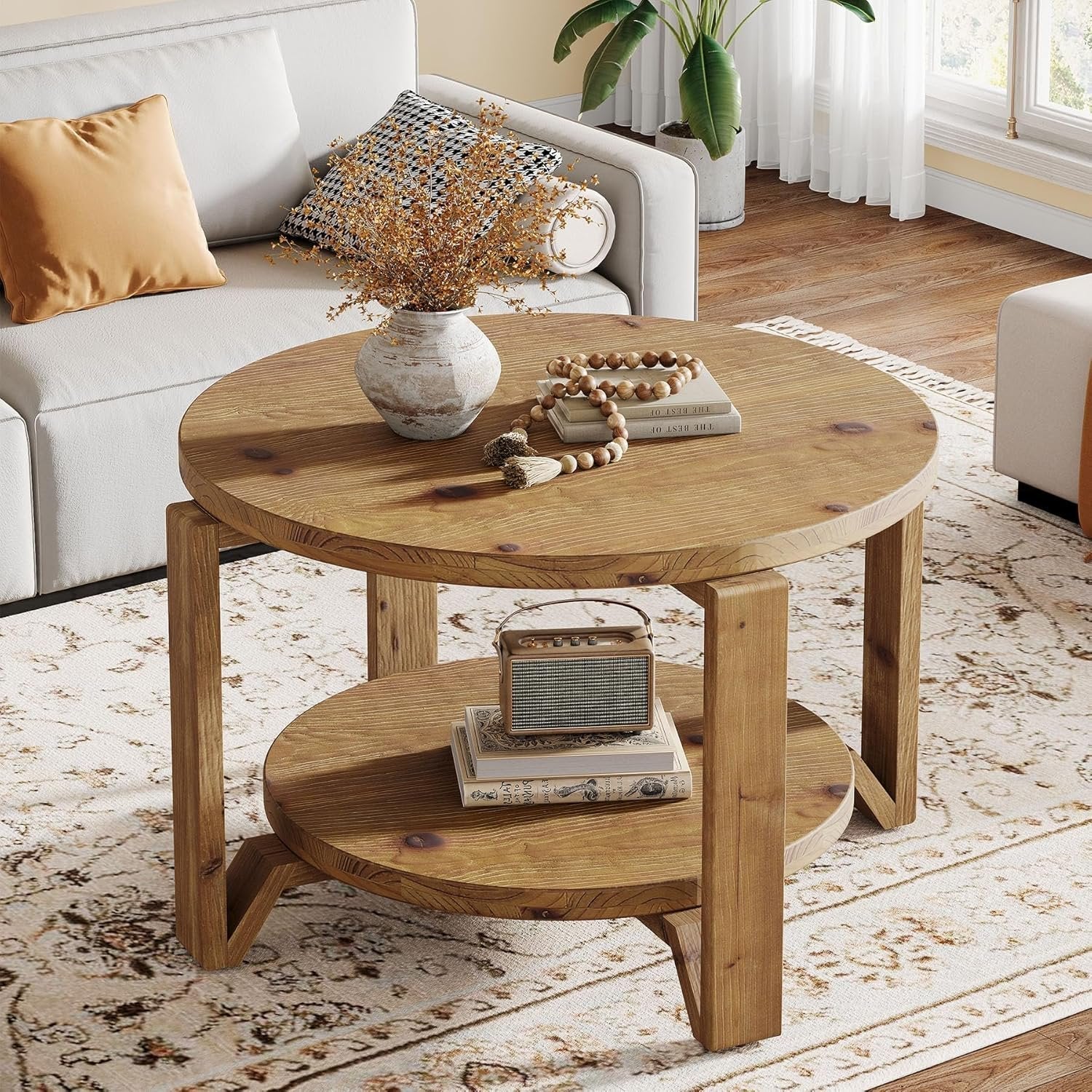 Tribesigns Table basse ronde en bois massif 80 cm 2 niveaux