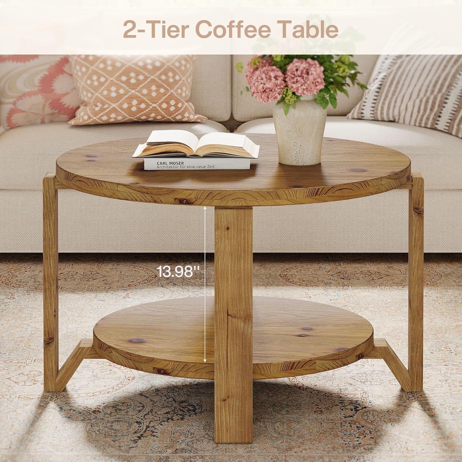Tribesigns Table basse ronde en bois massif 80 cm 2 niveaux