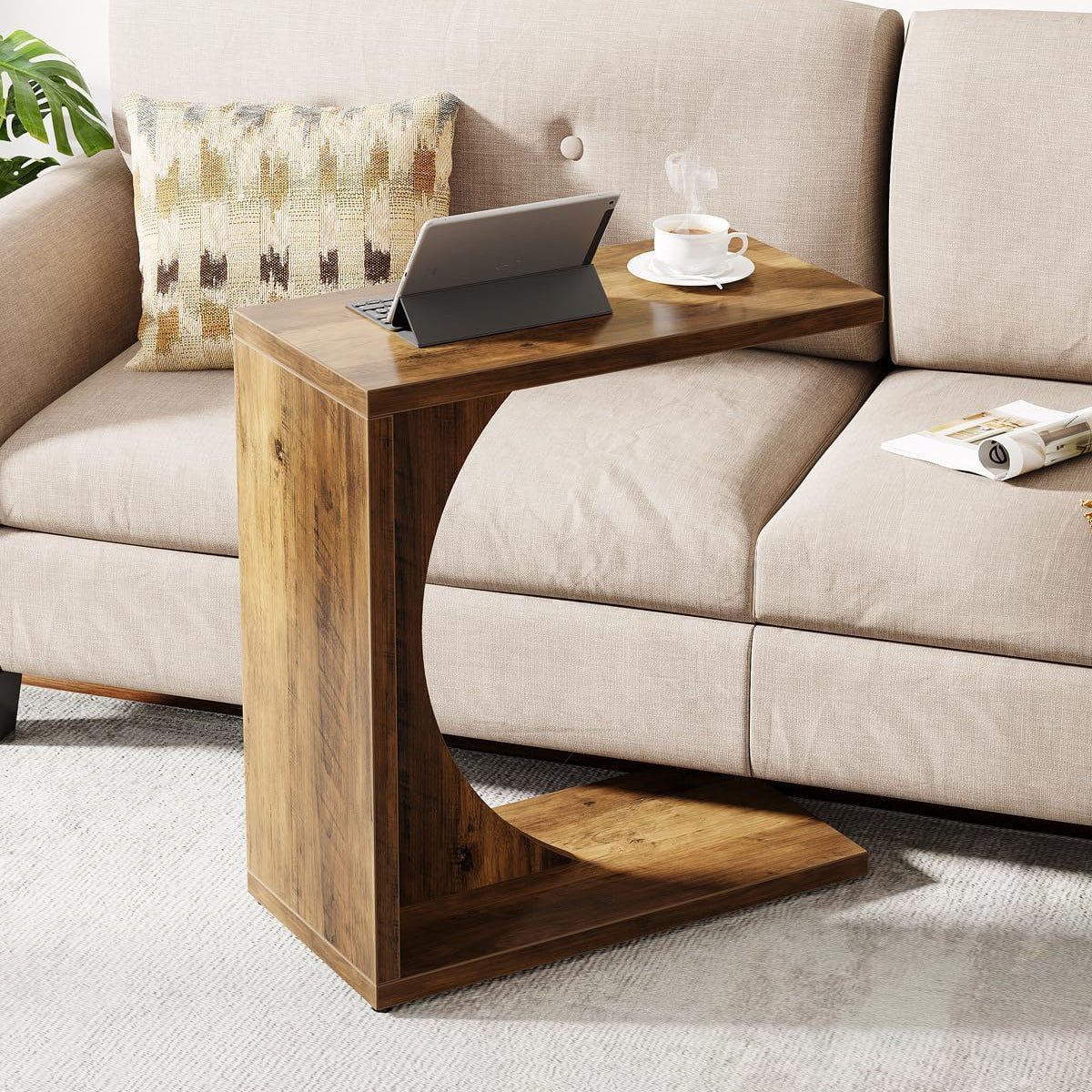 Tribesigns Bijzettafel in C-vorm, 60×30×65 cm, Rustieke stijl voor naast de bank