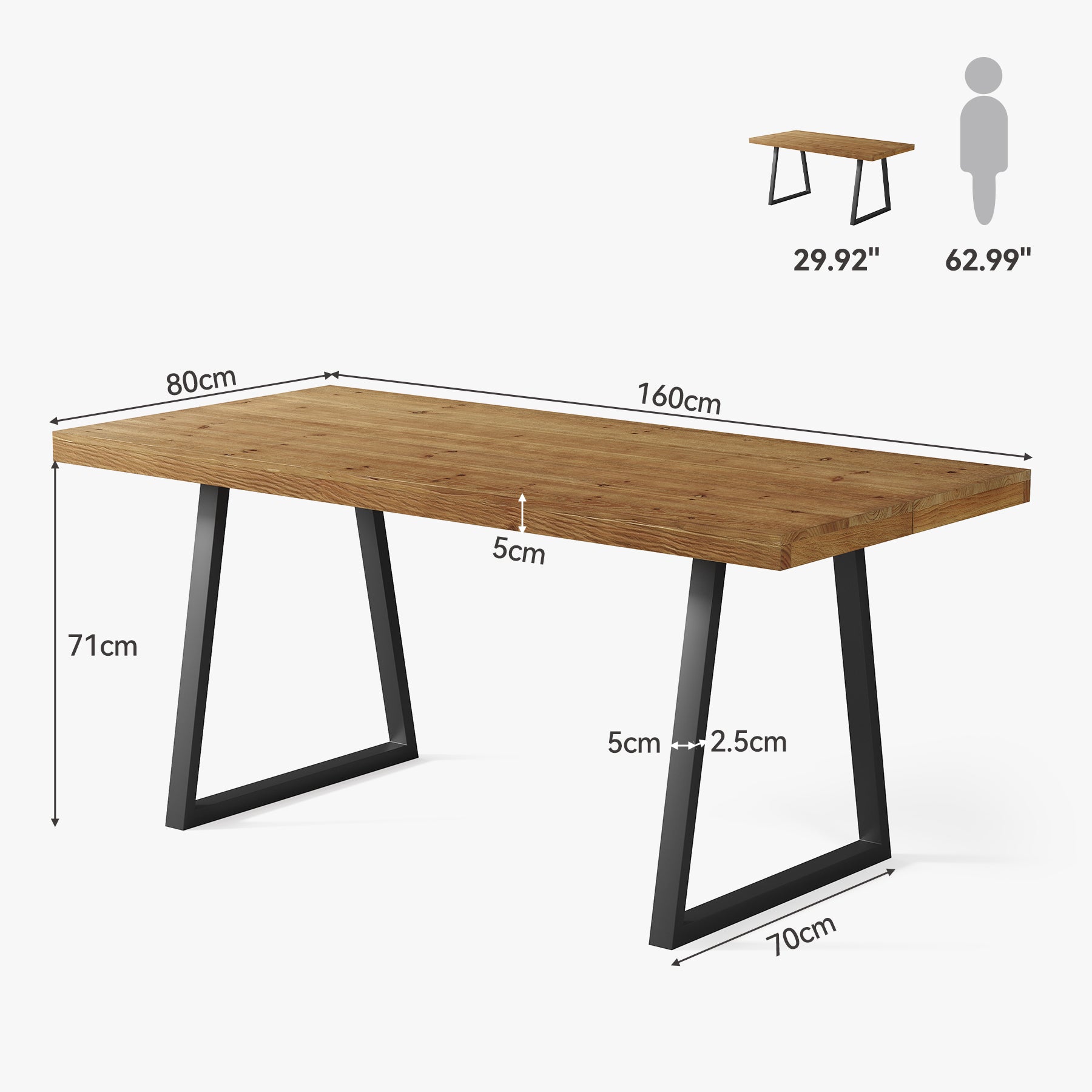 Tribesigns Industrieel Bureau van 160 cm, Massief Houten Blad en Stevige Metalen Poten