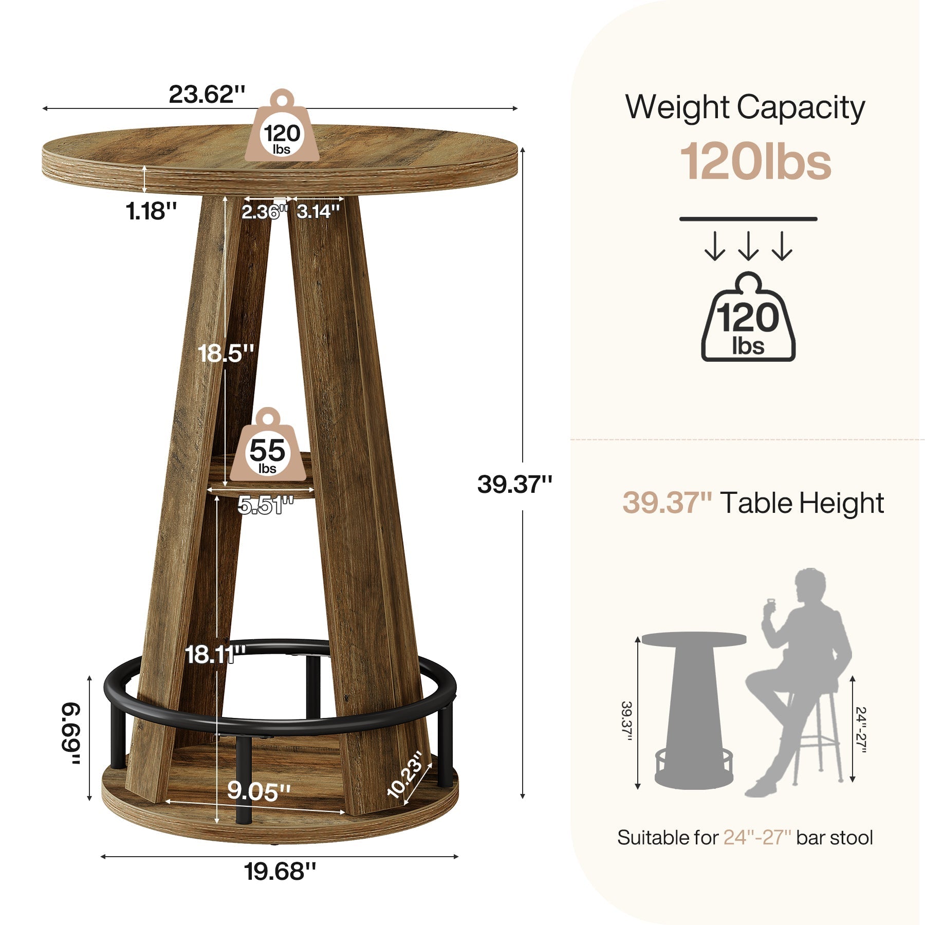 Tribesigns Ronde bartafel van 100 cm met opbergruimte, industriële bistrotafel voor woonkamer, bar, kleine ruimtes