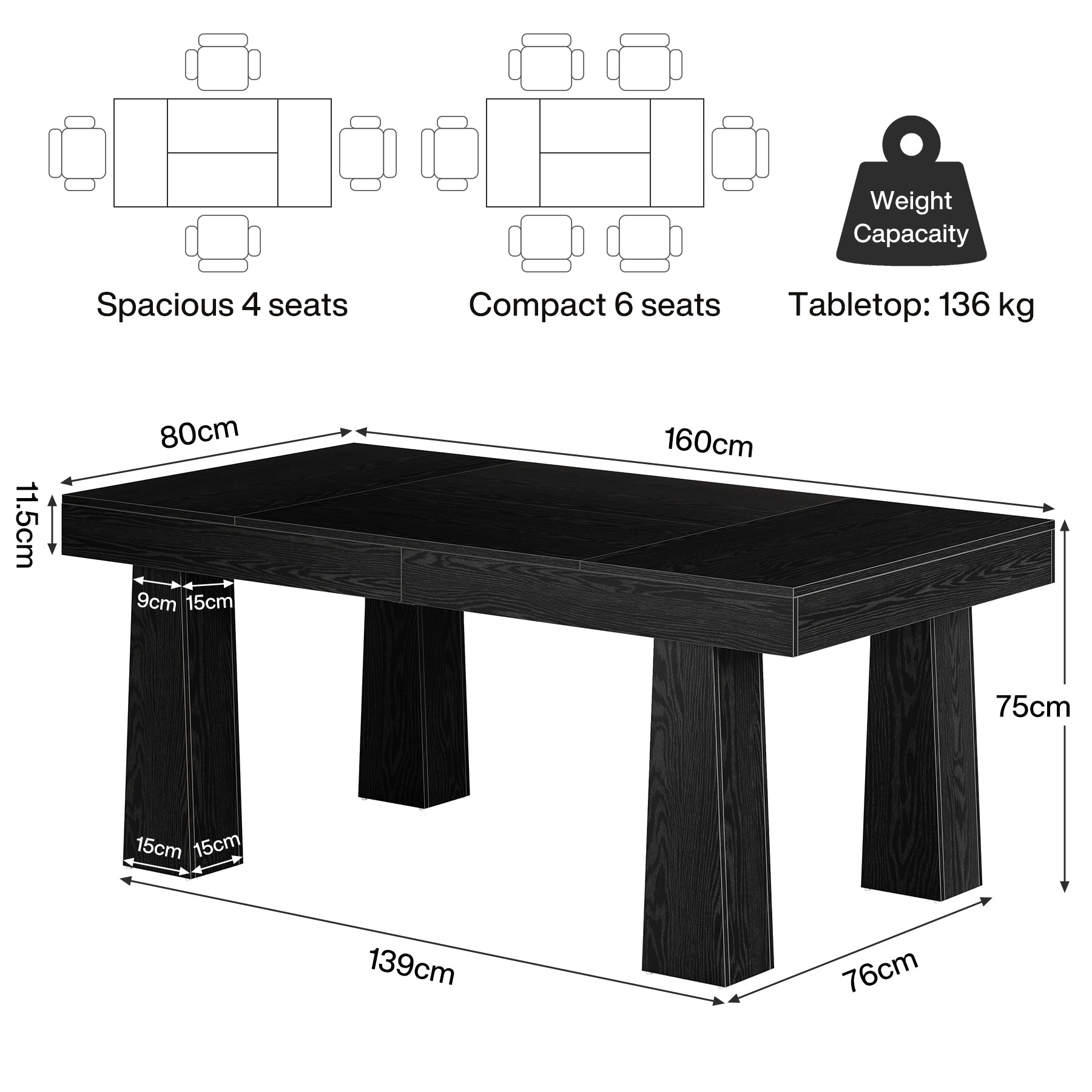 Tribesigns Vergadertafel van 160 cm, Moderne industriële vergadertafel met 4 zwarte taps toelopende poten