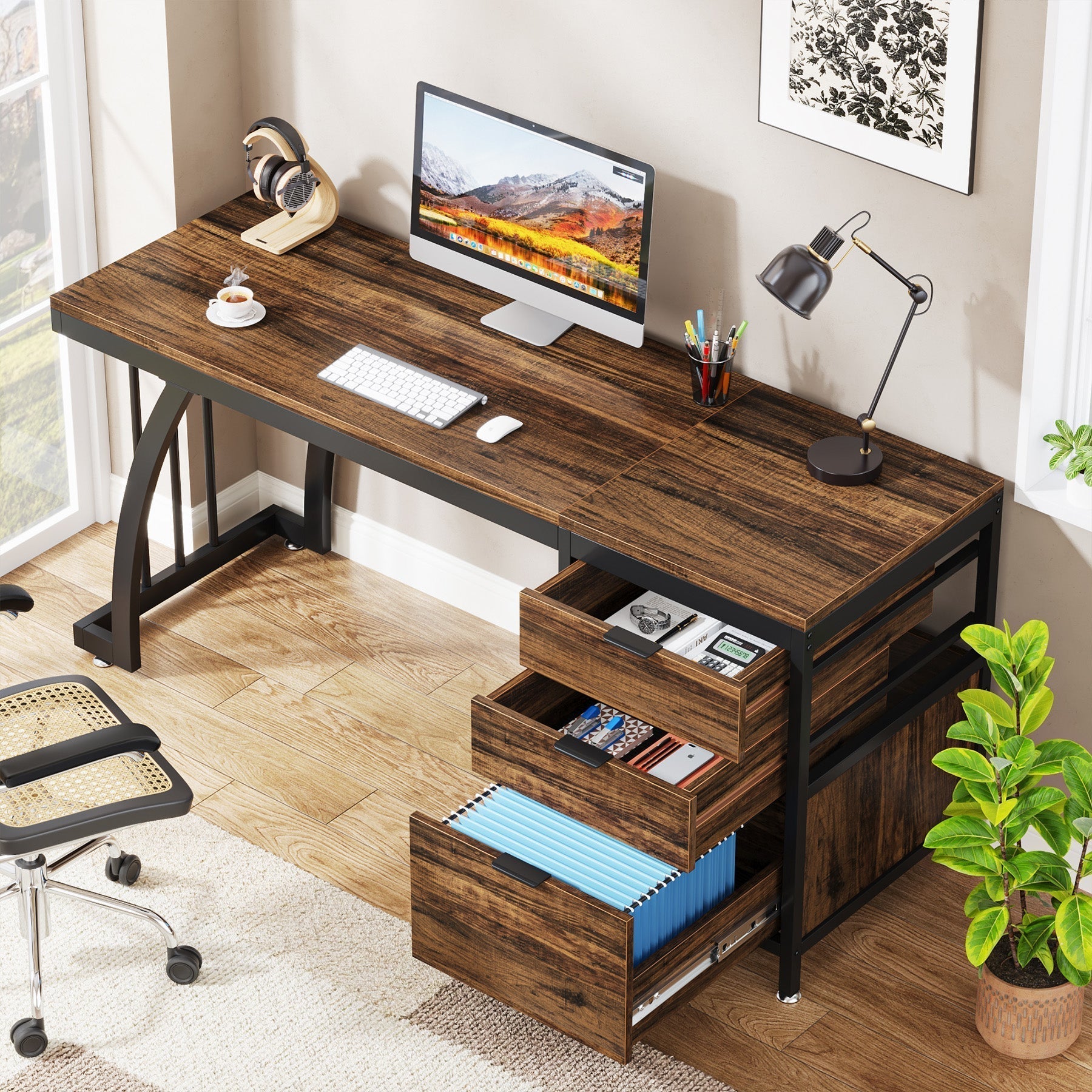 Tribesigns Bureau informatique industriel, Bureau 150 cm avec armoire à tiroirs réversible