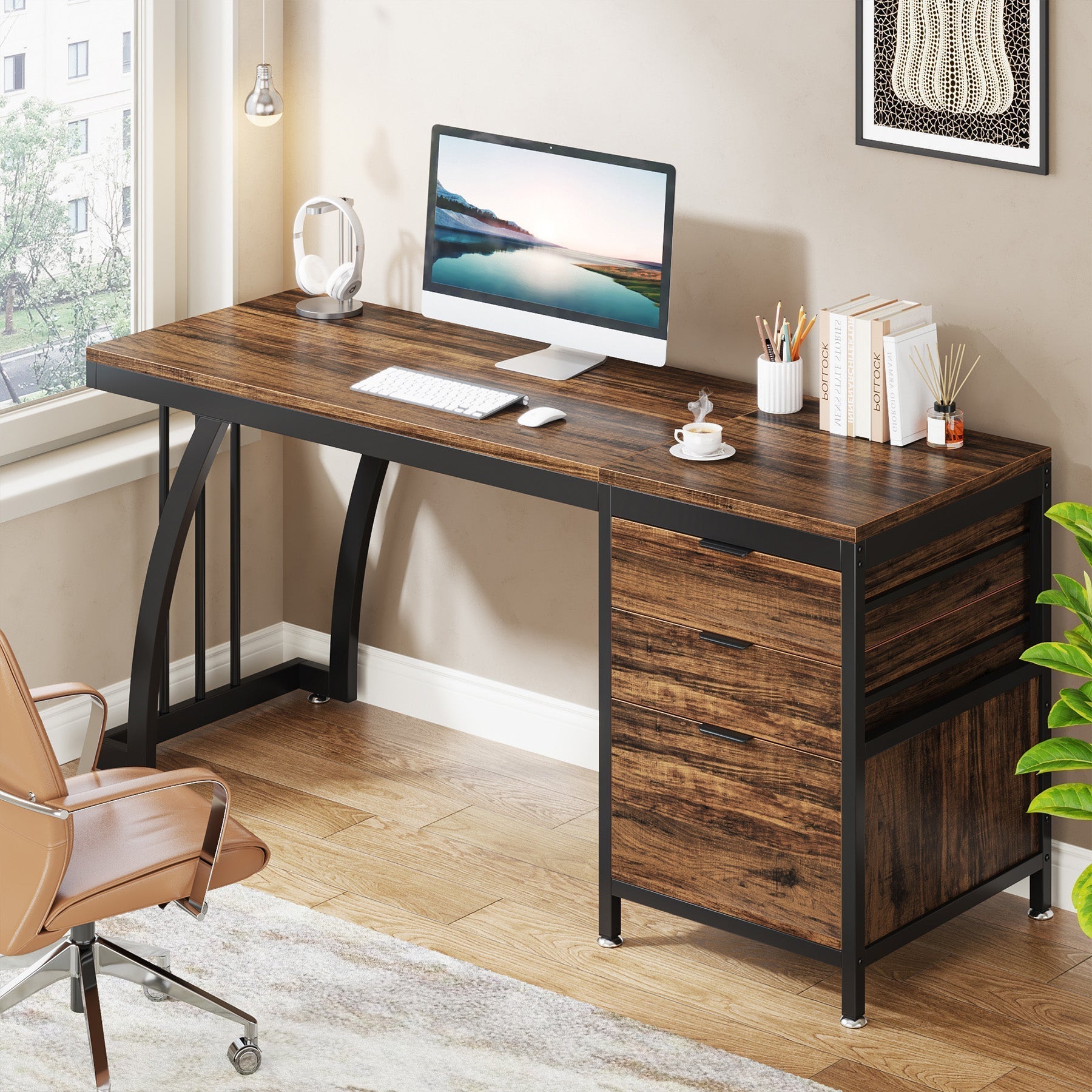 Tribesigns Bureau informatique industriel, Bureau 150 cm avec armoire à tiroirs réversible