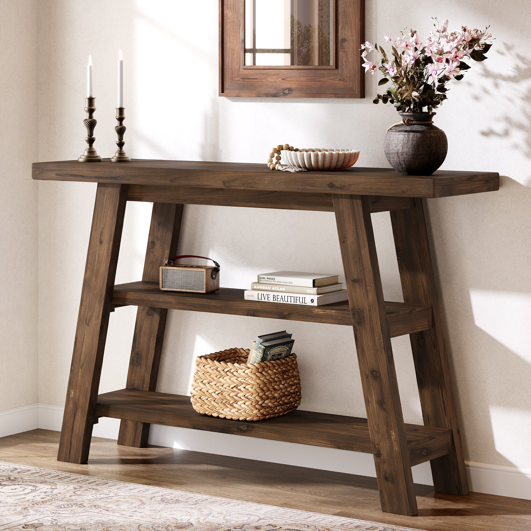 Tribesigns Table console en bois massif de 120 cm de long avec étagères à 3 niveaux