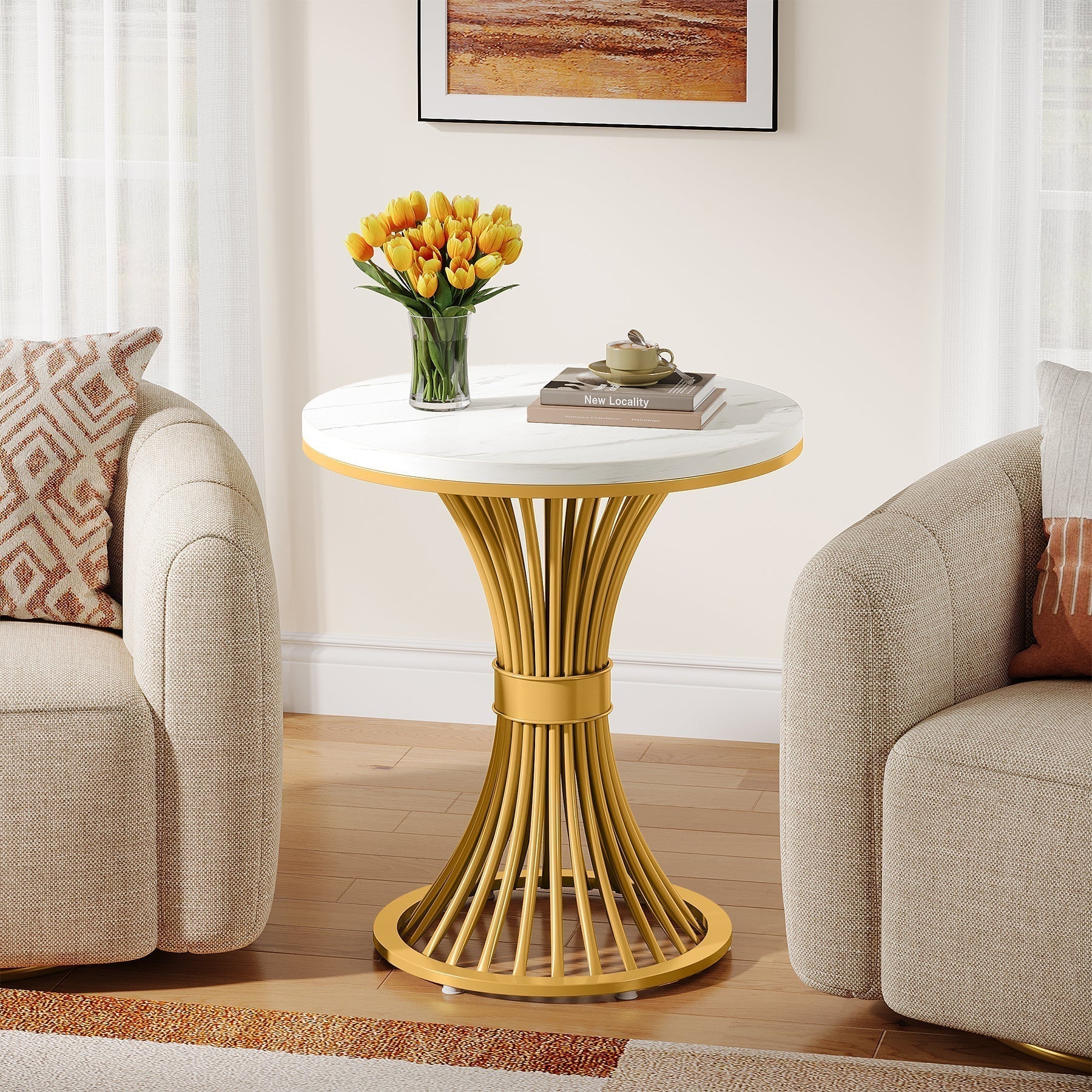 Tribesigns Table d'appoint ronde 51 cm avec plateau effet marbre, Table d'appoint blanche et piètement en métal doré
