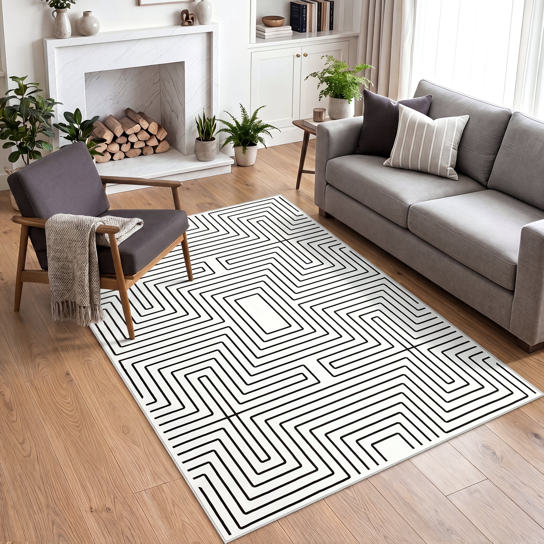 Tribesigns Tapis Minimalistes Motif Labyrinthe, Tapis Géométriques Modernes Antidérapants à Poils Ras pour Salon, Certifiés OEKO-TEX