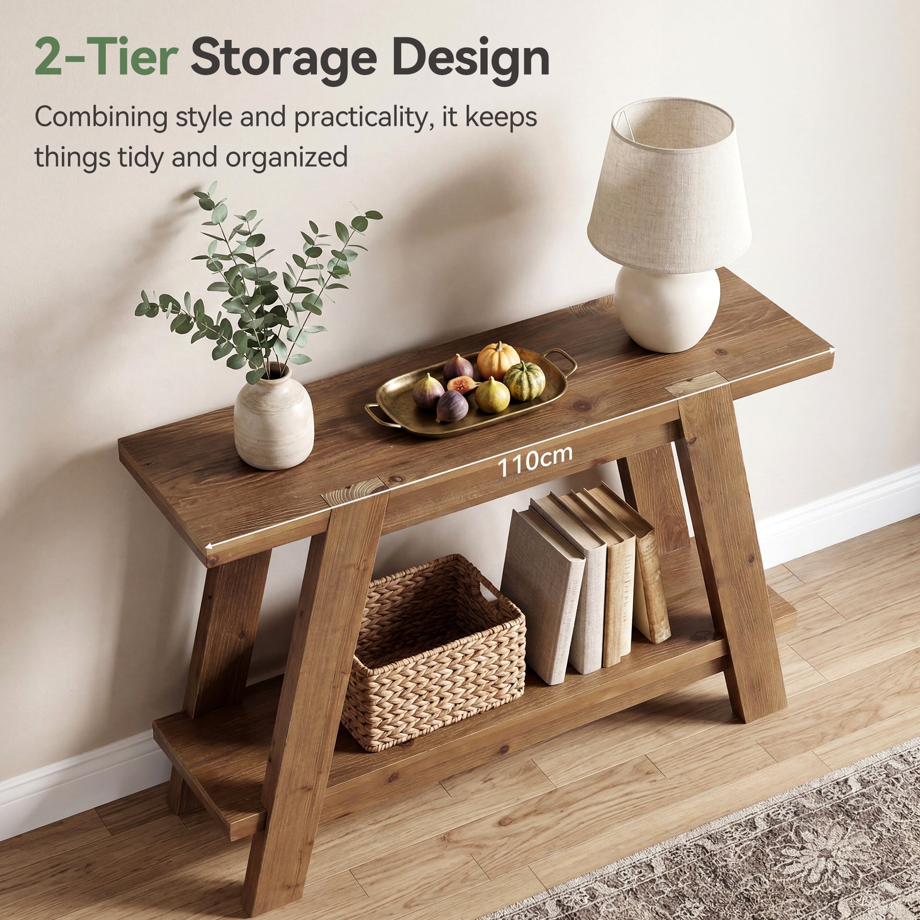 Tribesigns Console étroite en bois massif de 110 cm de long, Style campagnard Table basse avec 2 étagères