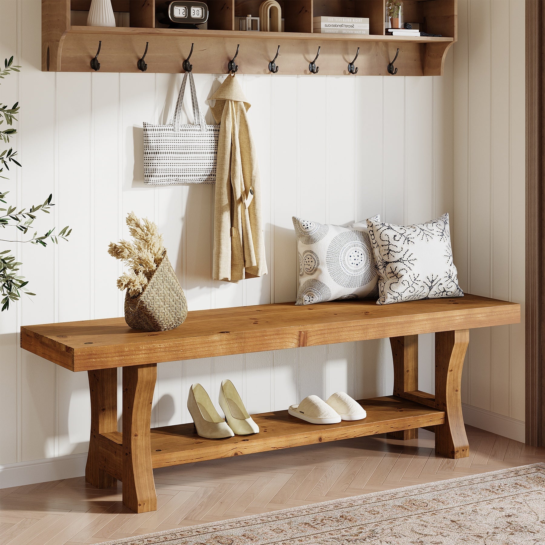 Banc en bois massif de 140 cm, Long banc en bois de style campagnard avec rangement