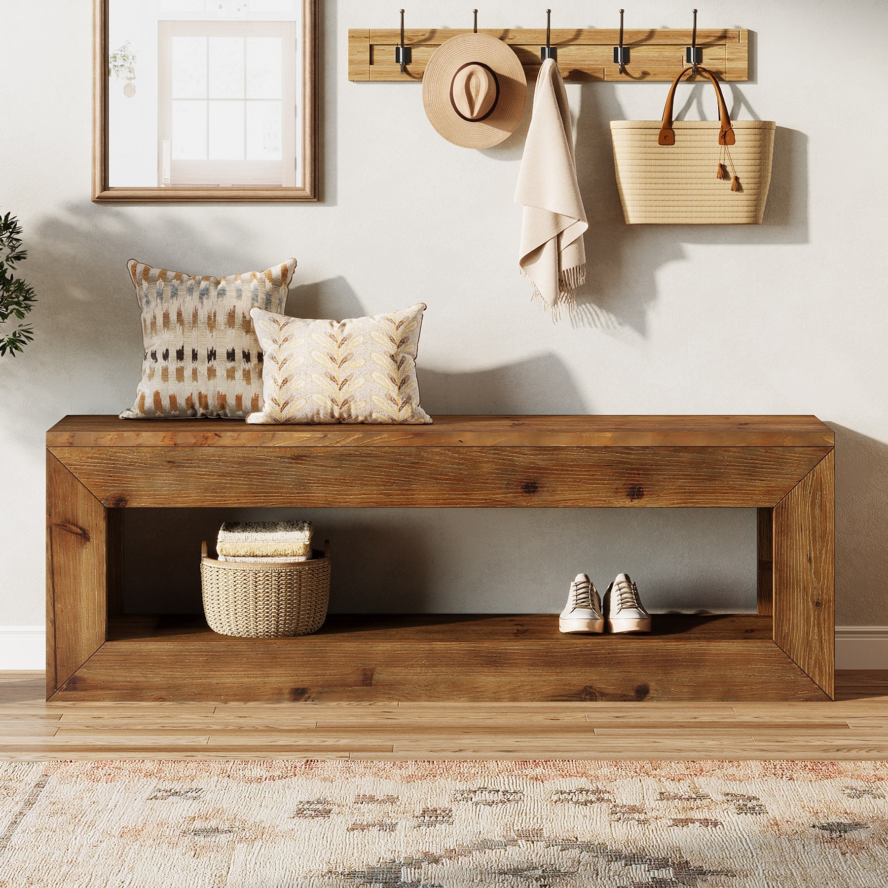 Tribesigns Banc d’Entrée en Bois Massif de 120 cm avec Étagère de Rangement, Style Rustique