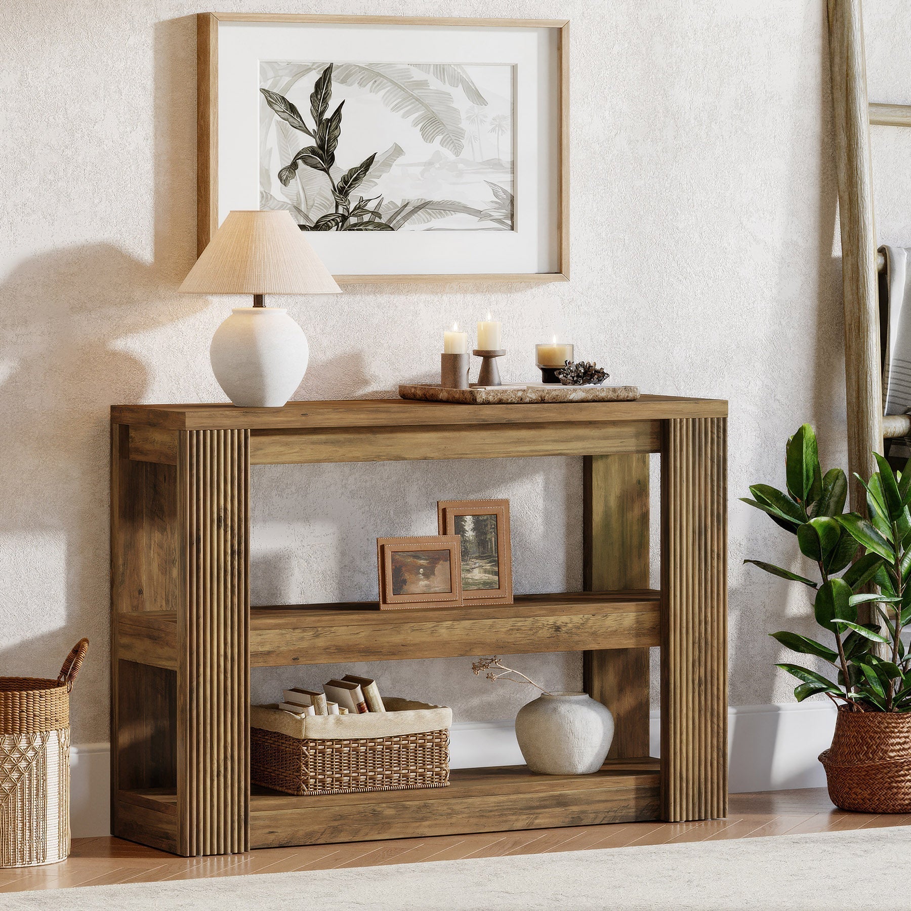 Tribesigns Console étroite 105 cm, Table basse de style campagnard à 3 niveaux avec étagères