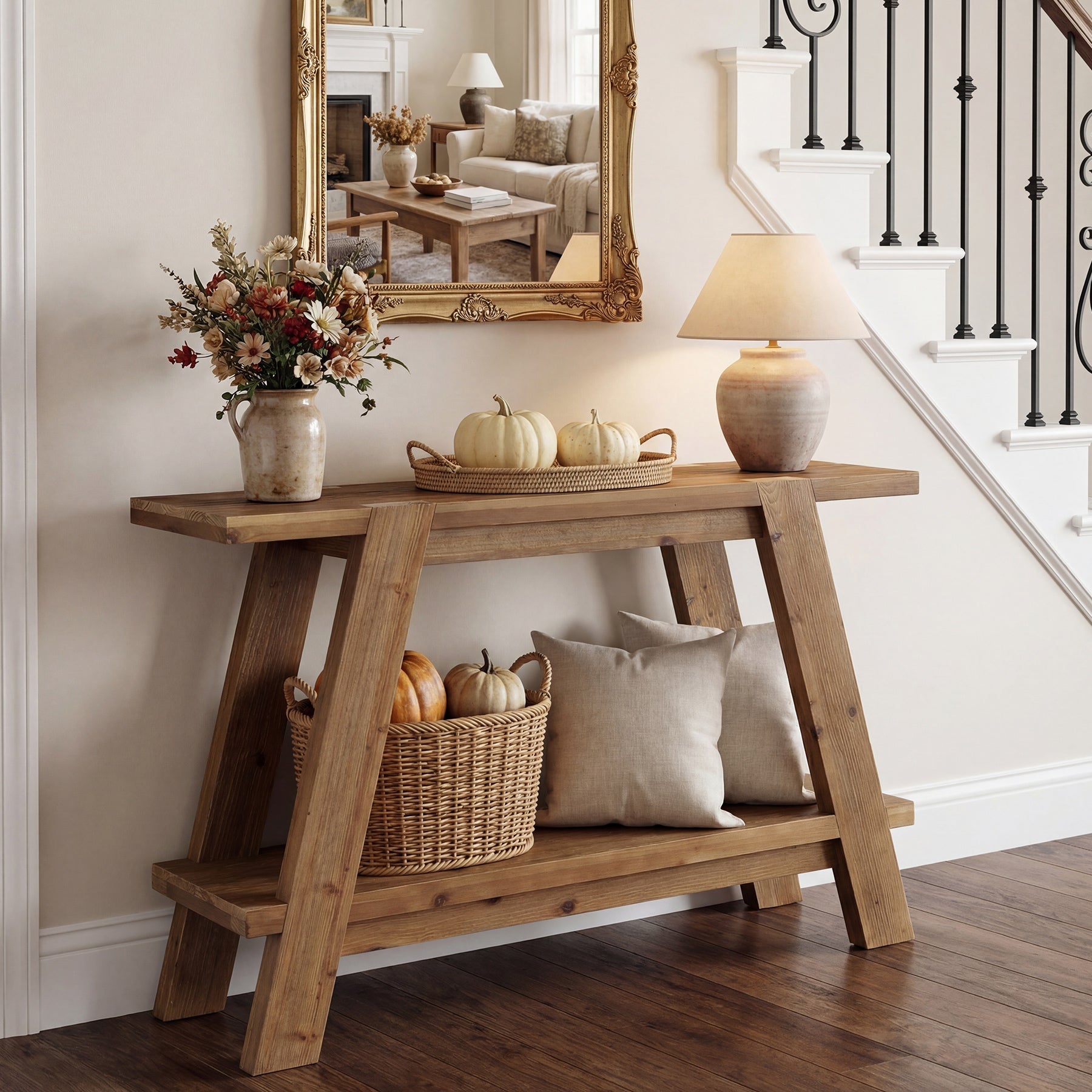 Tribesigns Console étroite en bois massif de 110 cm de long, Style campagnard Table basse avec 2 étagères