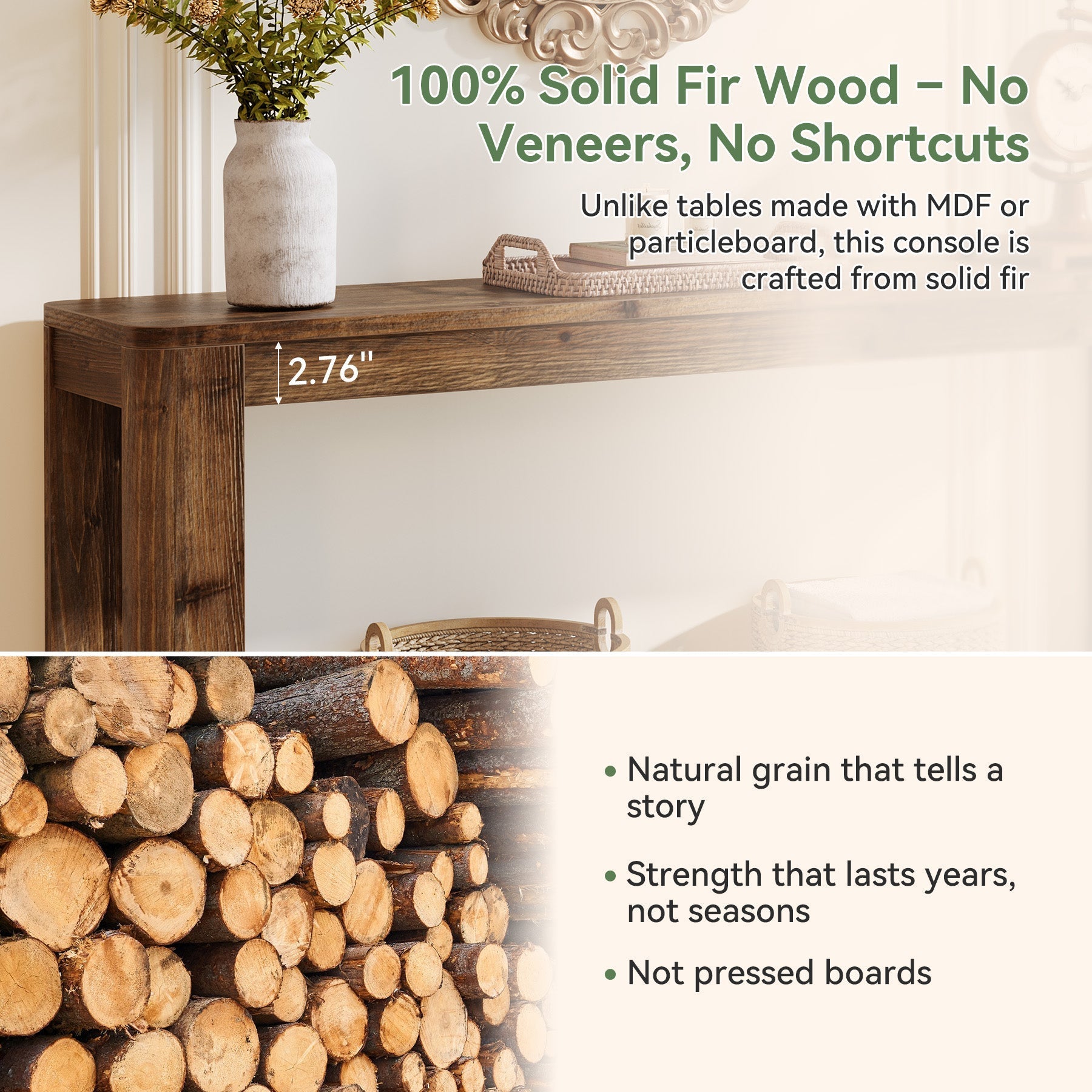 Tribesigns Console en bois massif de 160 cm, Table d'appoint étroite style ferme avec étagère