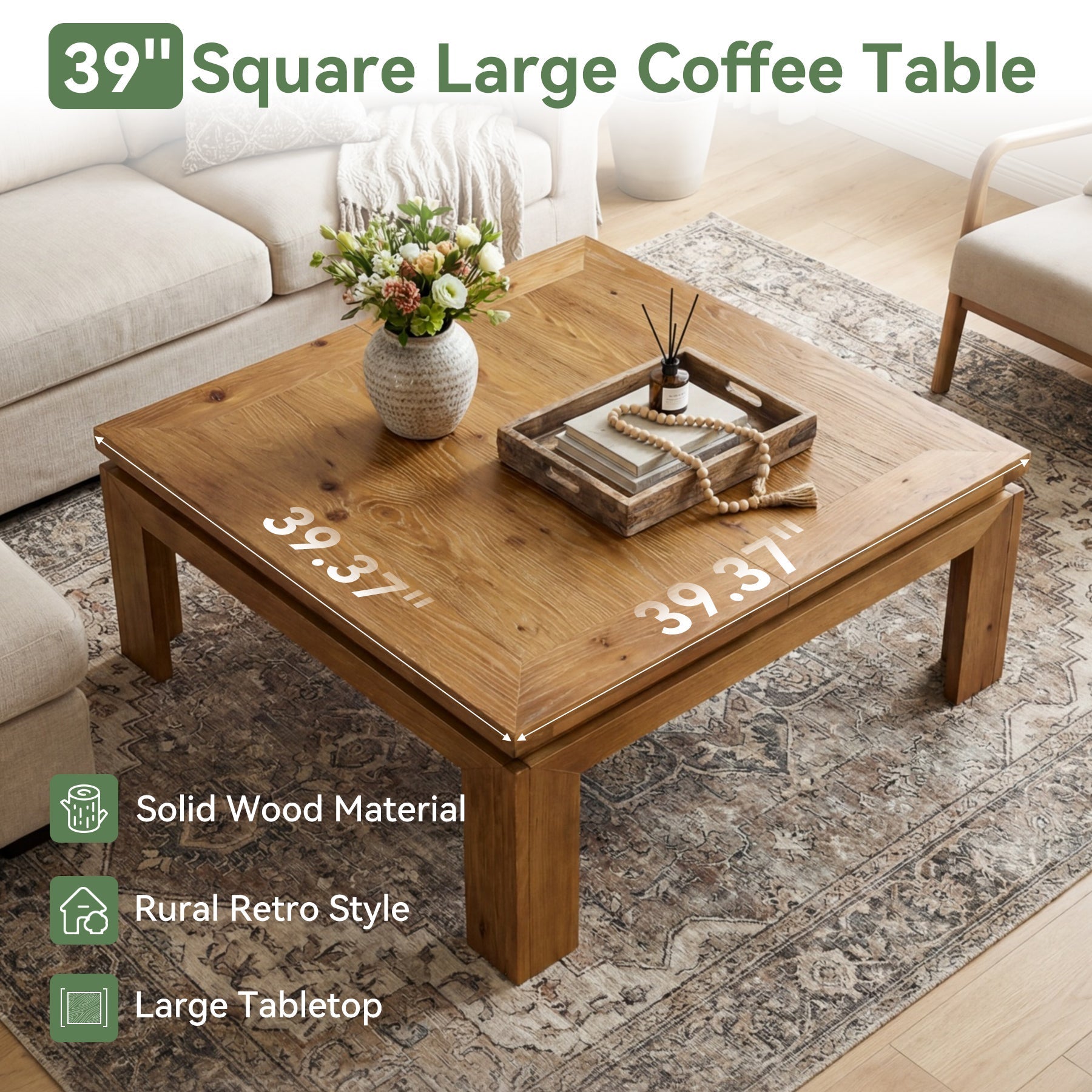 Tribesigns Table basse carrée en bois massif 100 x 100 x 46 cm avec bord en retrait, Style rustique, idéale pour le salon