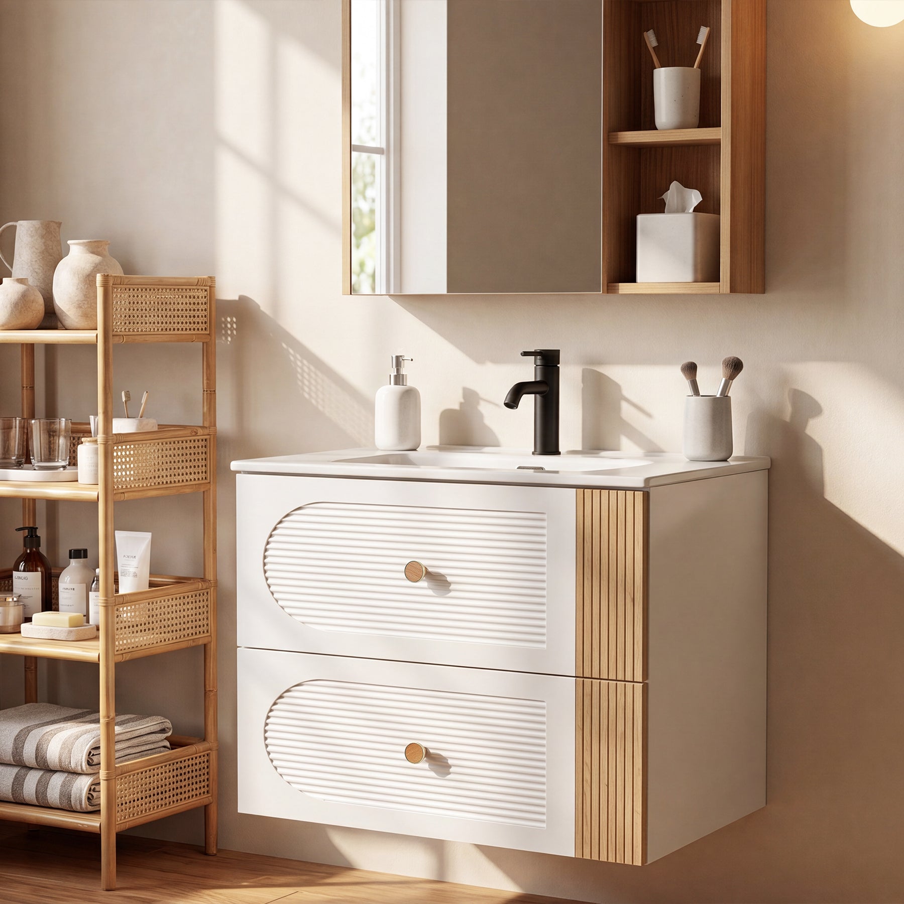 Tribesigns Meuble de Salle de Bain Suspendu 60 cm avec Vasque en Céramique, Blanc, 2 Tiroirs