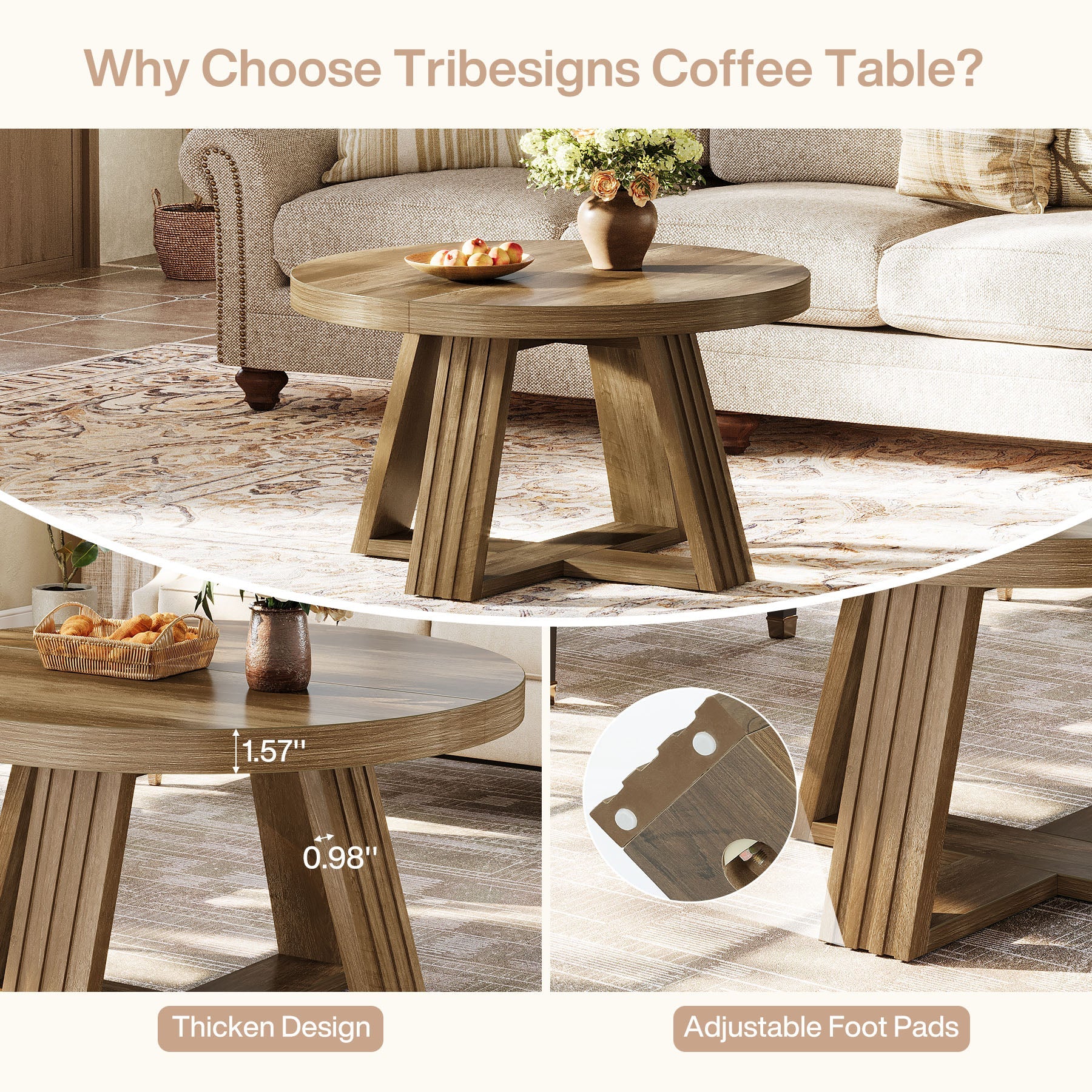 Tribesigns Table Basse Ronde 80 cm, Table de Salon Style Campagne avec Base Croisée