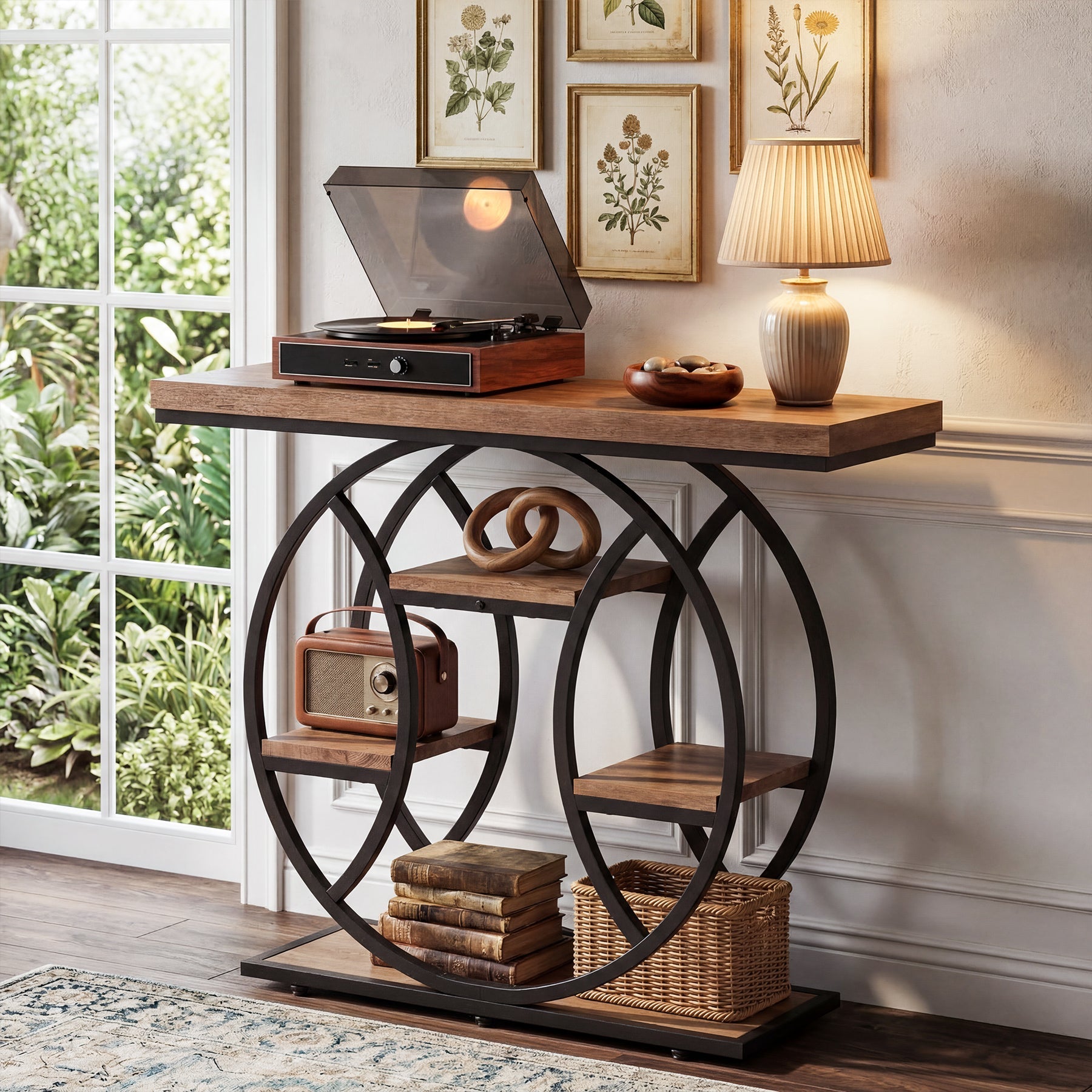 Tribesigns Console industrielle de 105 cm avec 4 étagères et structure métallique circulaire