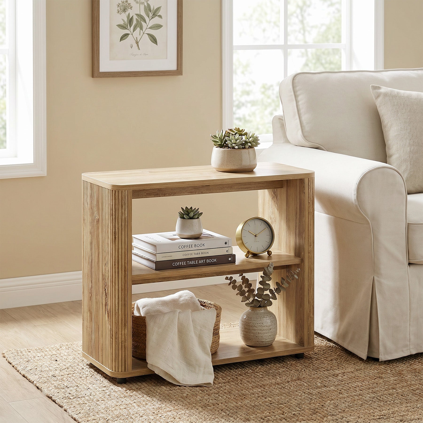 Table d'appoint étroite à 3 étagères, Table de chevet aspect bois pour petites chambres