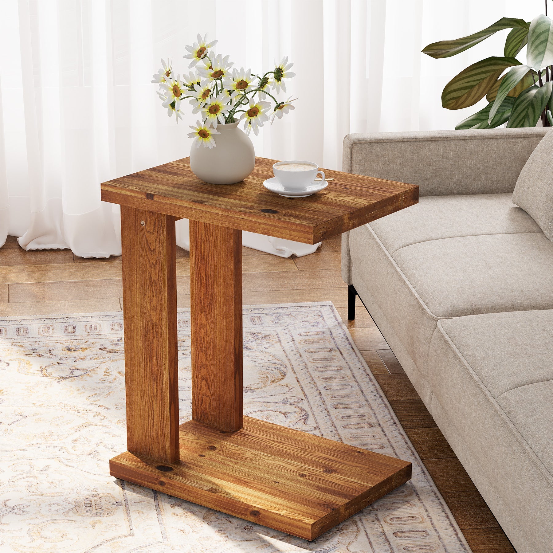 Tribesigns Table d’Appoint en C en Bois Massif, 50 x 35 x 60 cm avec 2 Niveaux, pour Salon