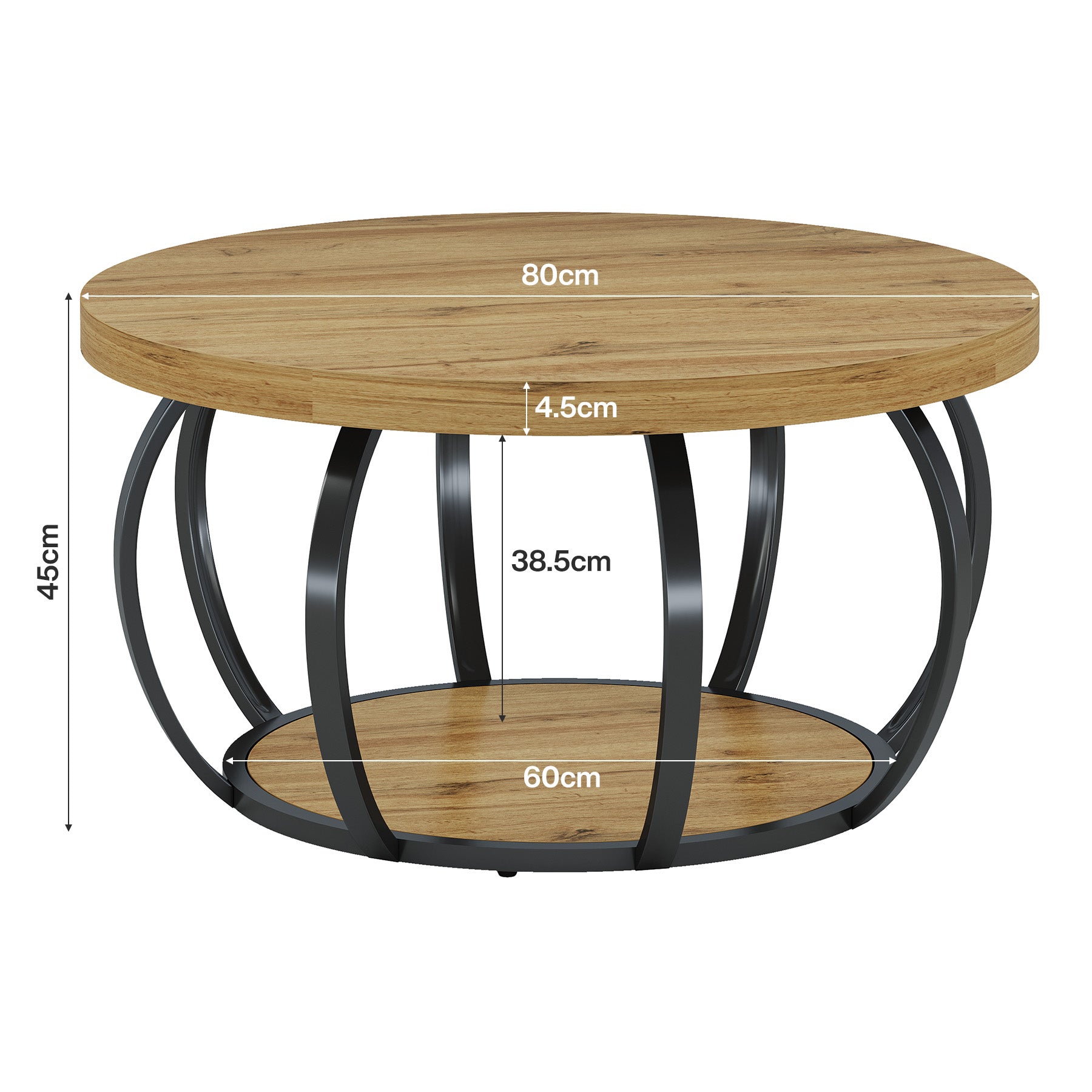 Tribesigns Ronde Salontafel, Industriële Salontafel met 2 Niveaus en Opbergplanken