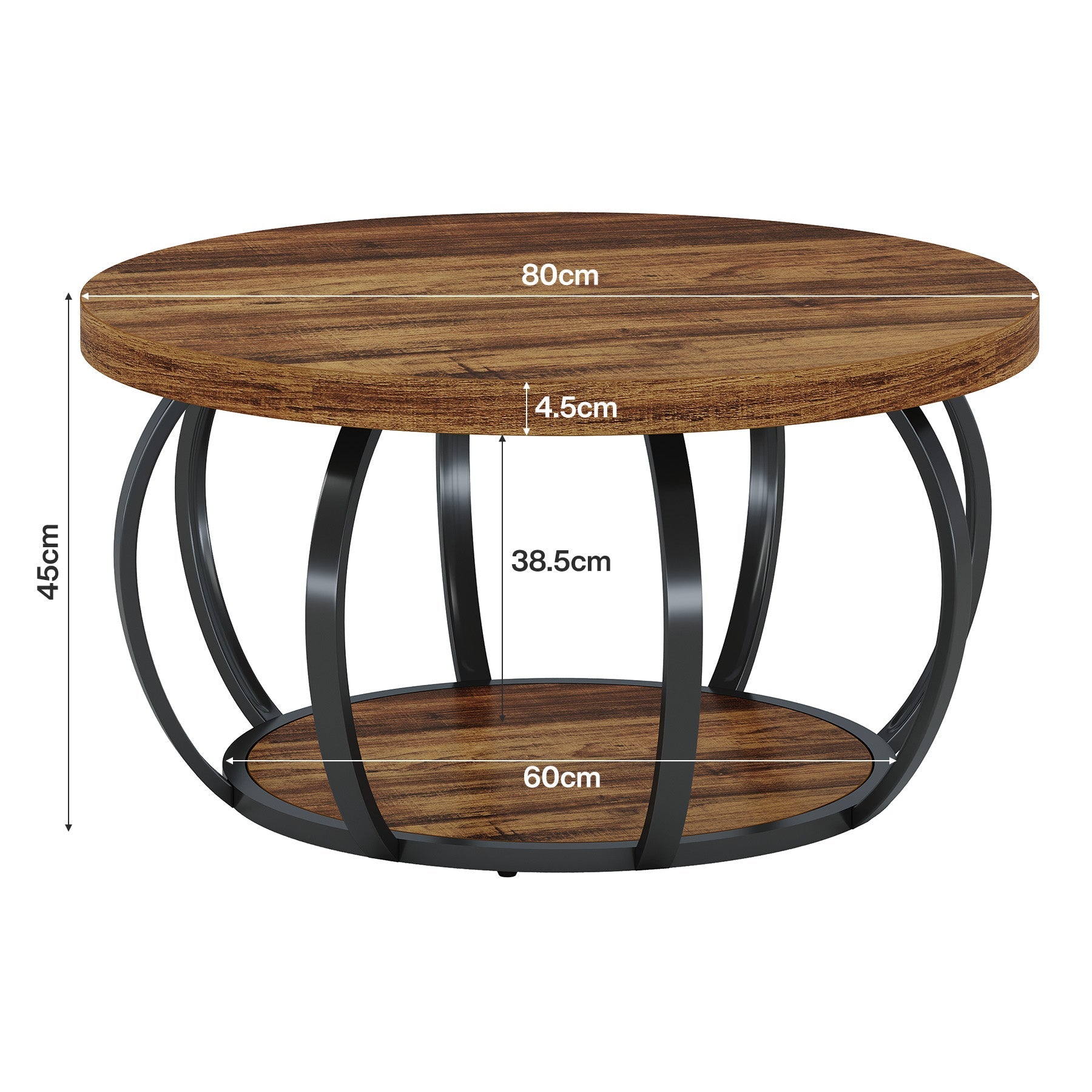 Tribesigns Ronde Salontafel, Industriële Salontafel met 2 Niveaus en Opbergplanken