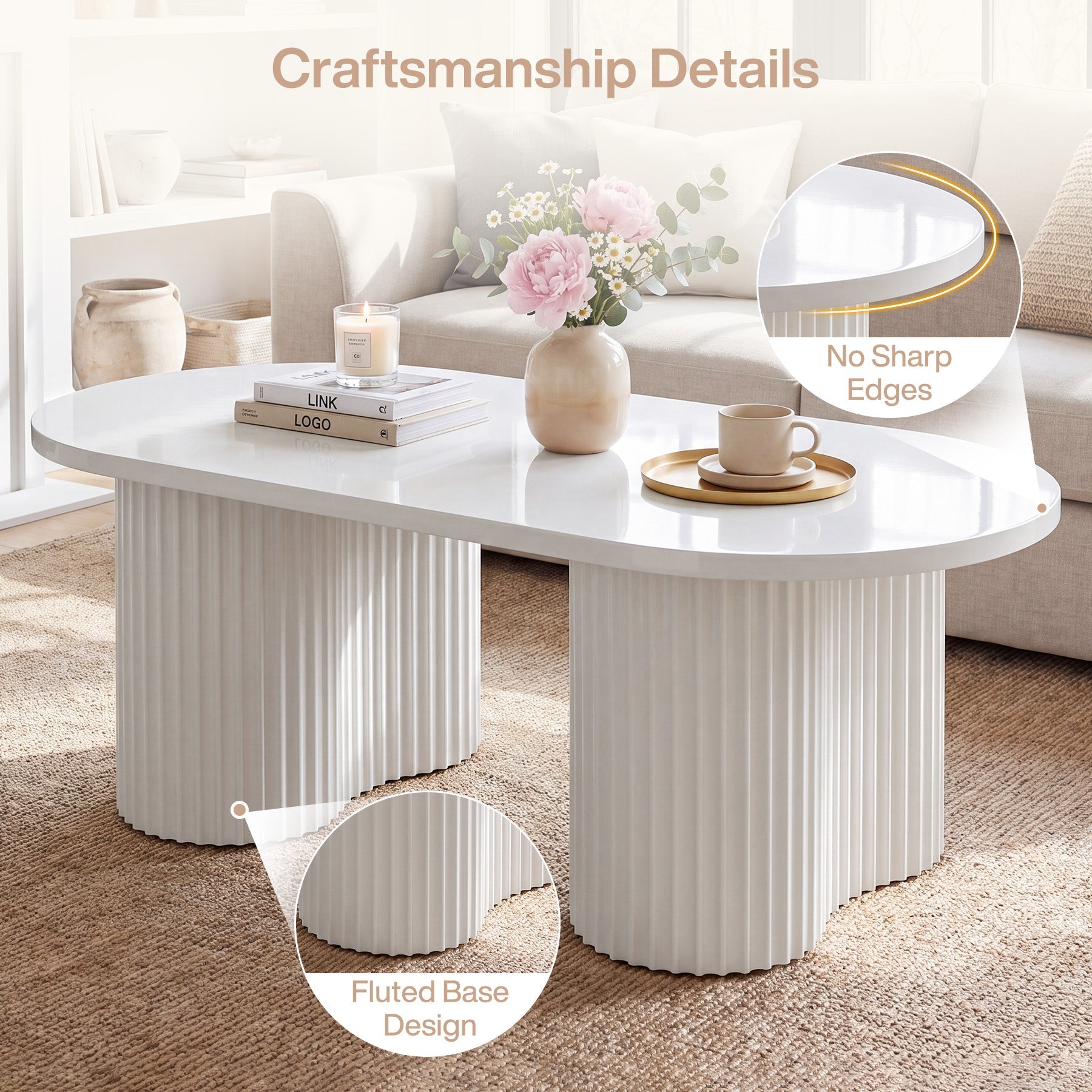 Tribesigns Table Basse Ovale de 120 cm, Table de Salon Moderne avec Surface Rainurée Minimaliste