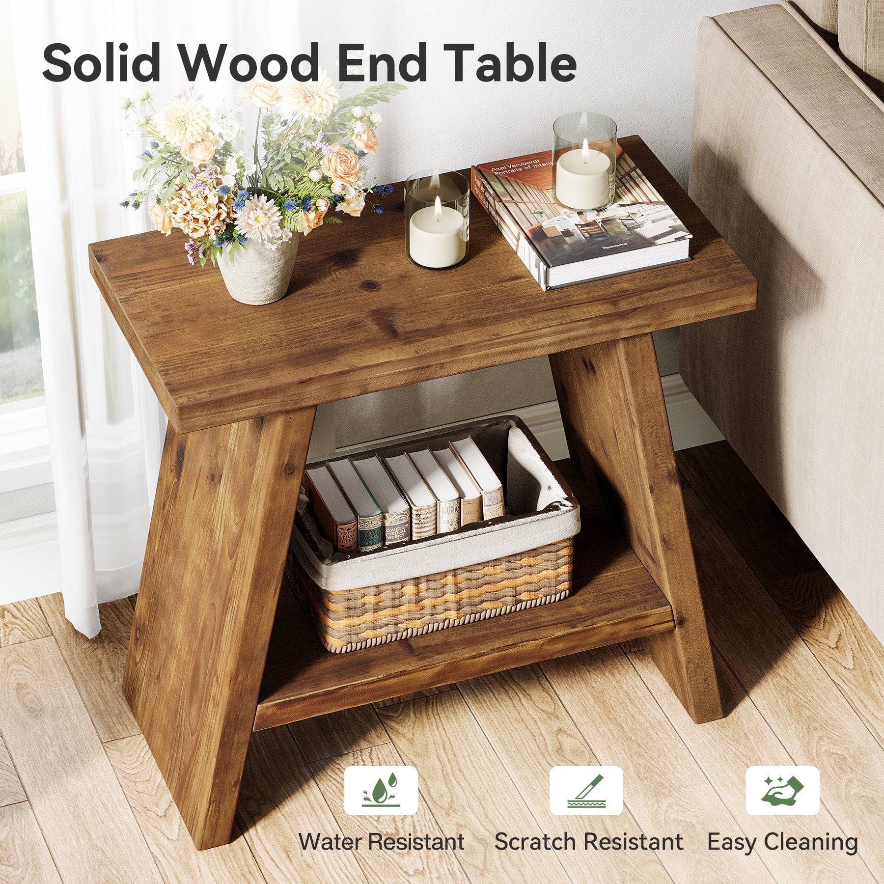 Table d'appoint étroite en bois massif (60 x 30 cm) avec rangement à 2 niveaux, Style rustique, idéale pour le salon et la chambre