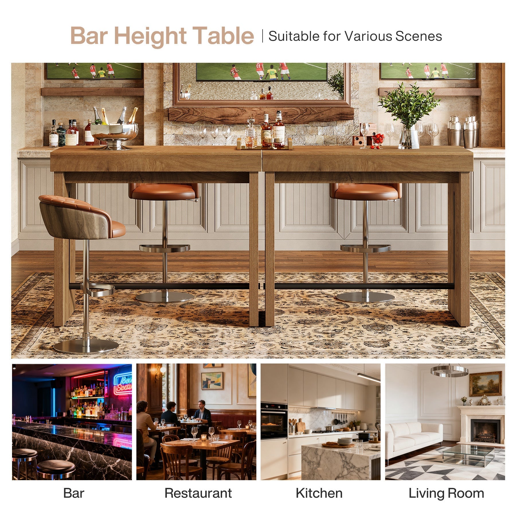 Table de bar 105 cm, Table haute avec repose-pieds, îlot de cuisine et table bistro de style champêtre