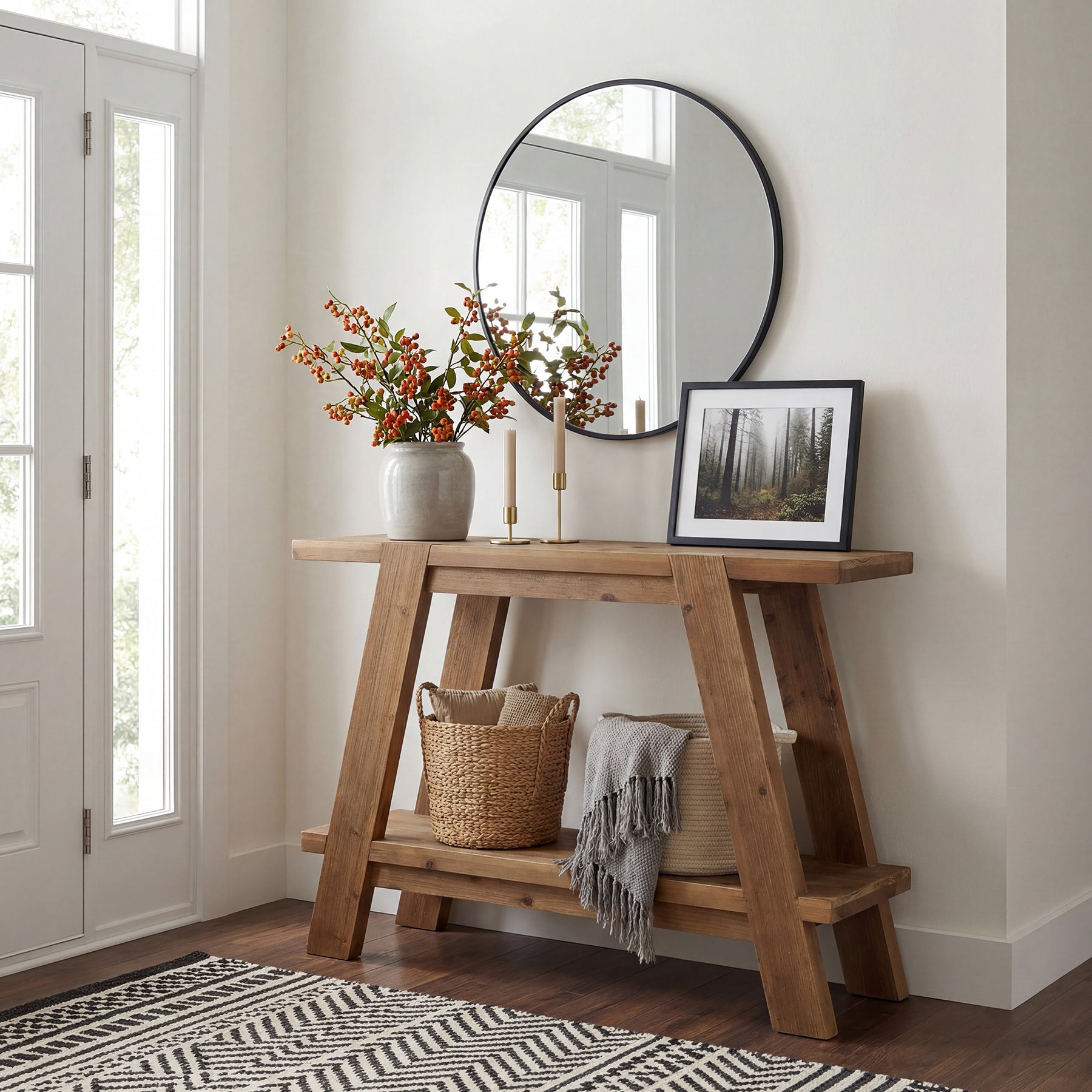 Tribesigns Console étroite en bois massif de 110 cm de long, Style campagnard Table basse avec 2 étagères