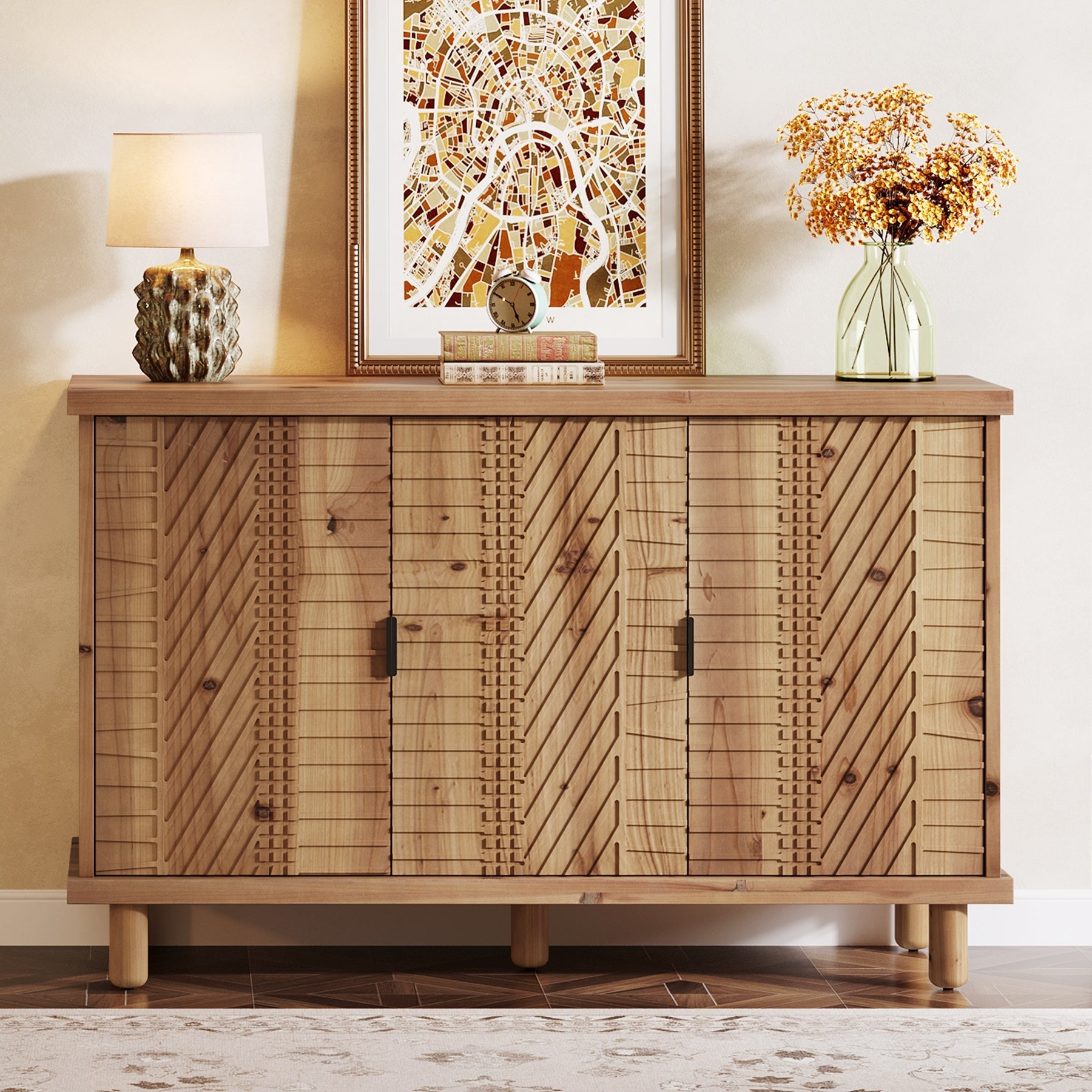 Tribesigns Buffet en bois massif avec espace de rangement, Meuble de style campagnard avec 3 portes et 2 étagères réglables