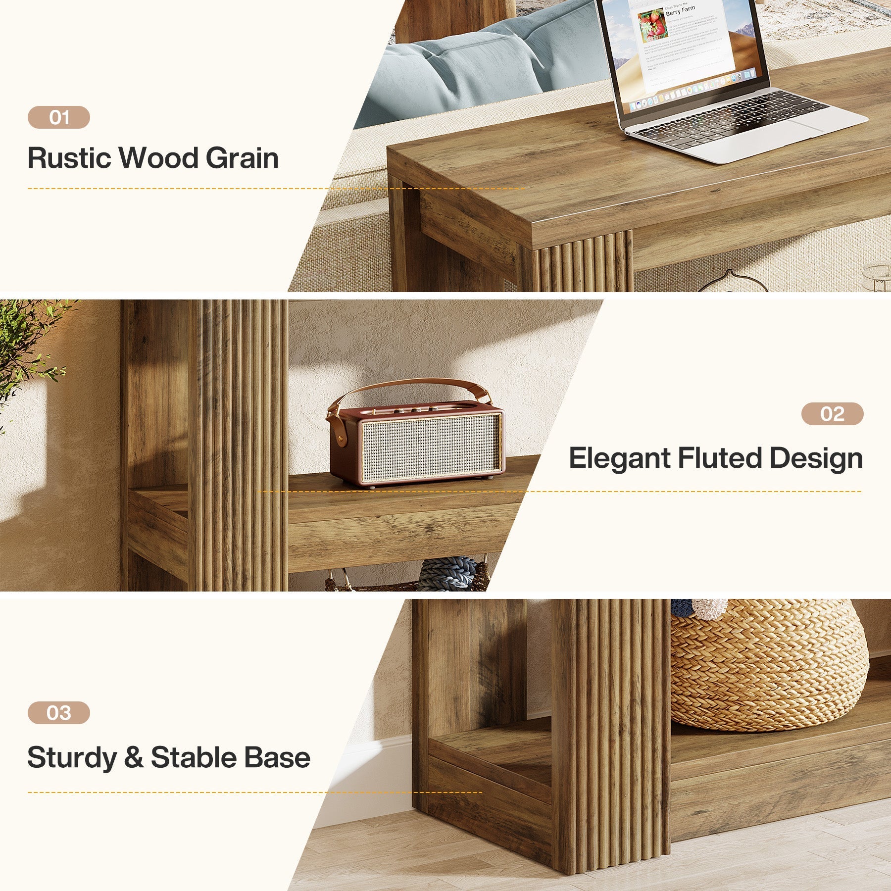 Tribesigns Console étroite 105 cm, Table basse de style campagnard à 3 niveaux avec étagères