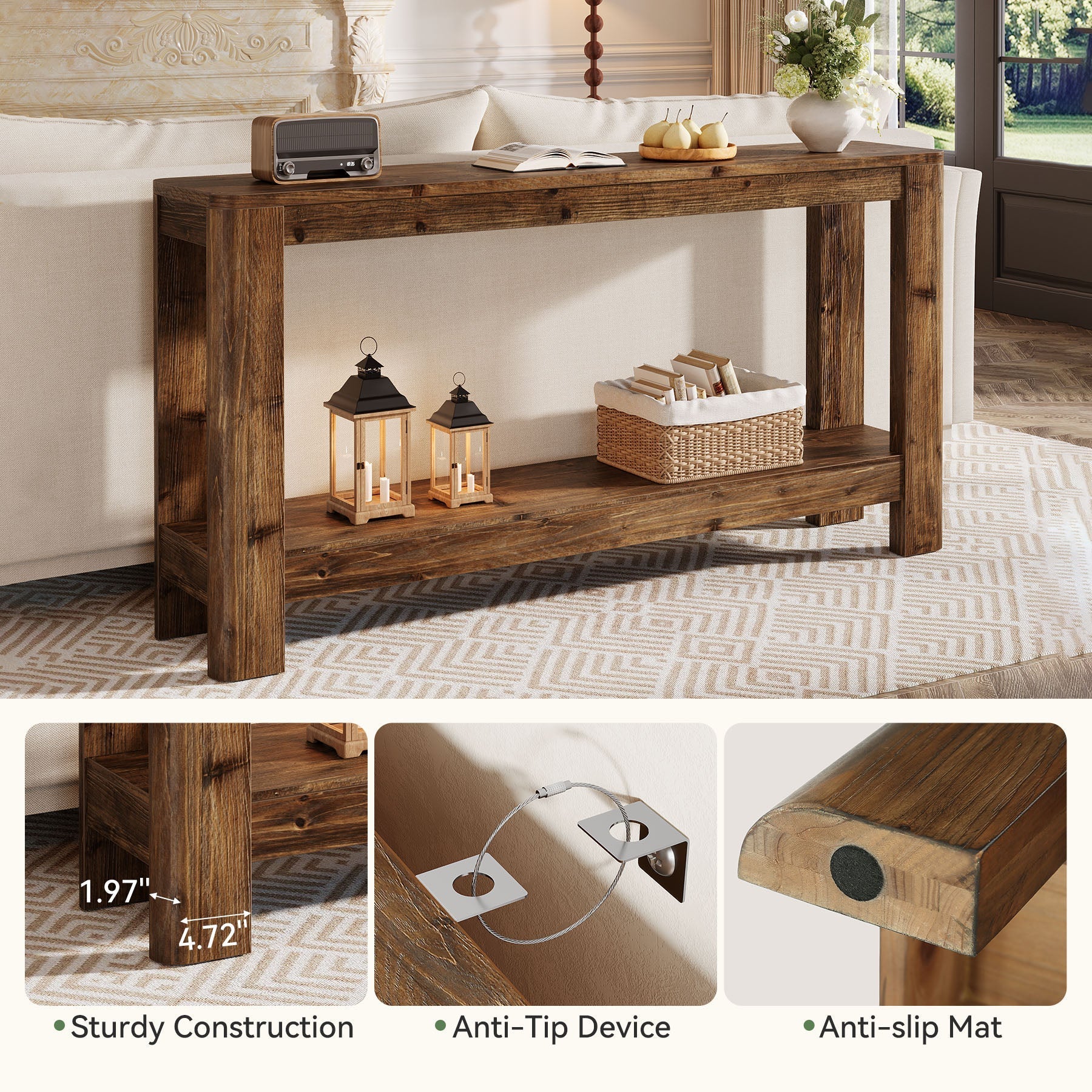 Tribesigns Console en bois massif de 160 cm, Table d'appoint étroite style ferme avec étagère